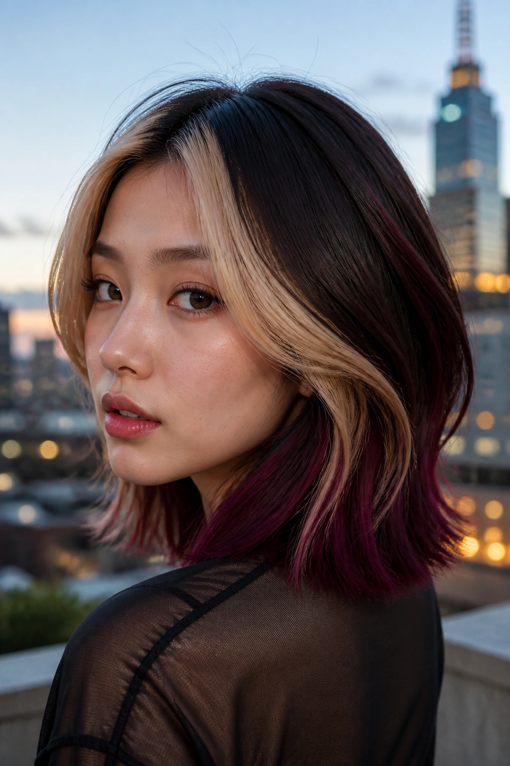 Real person with clearly defined color panels in hair