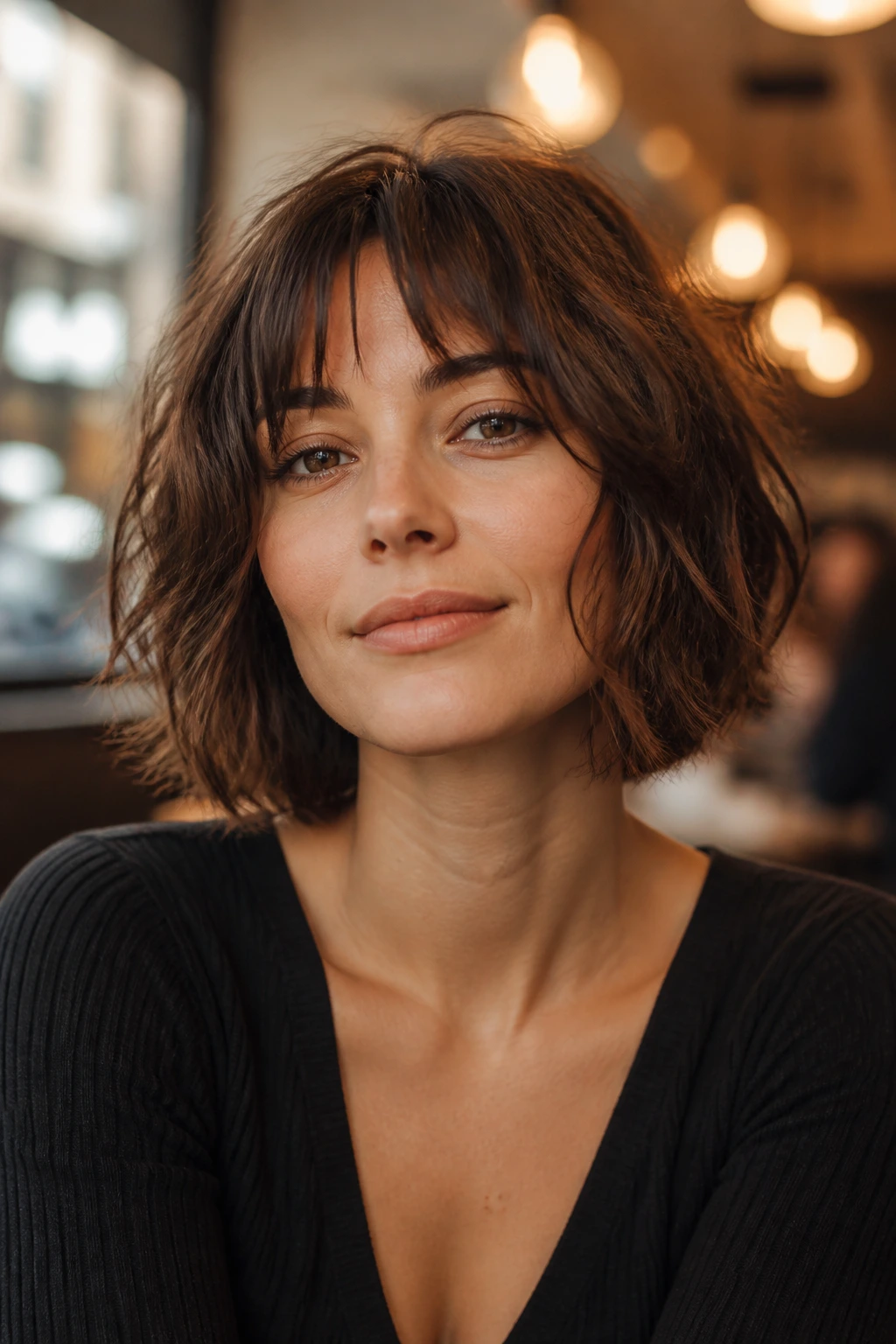 Portrait of a woman with Parisian messy bob and curtain bangs in a cozy cafe setting.