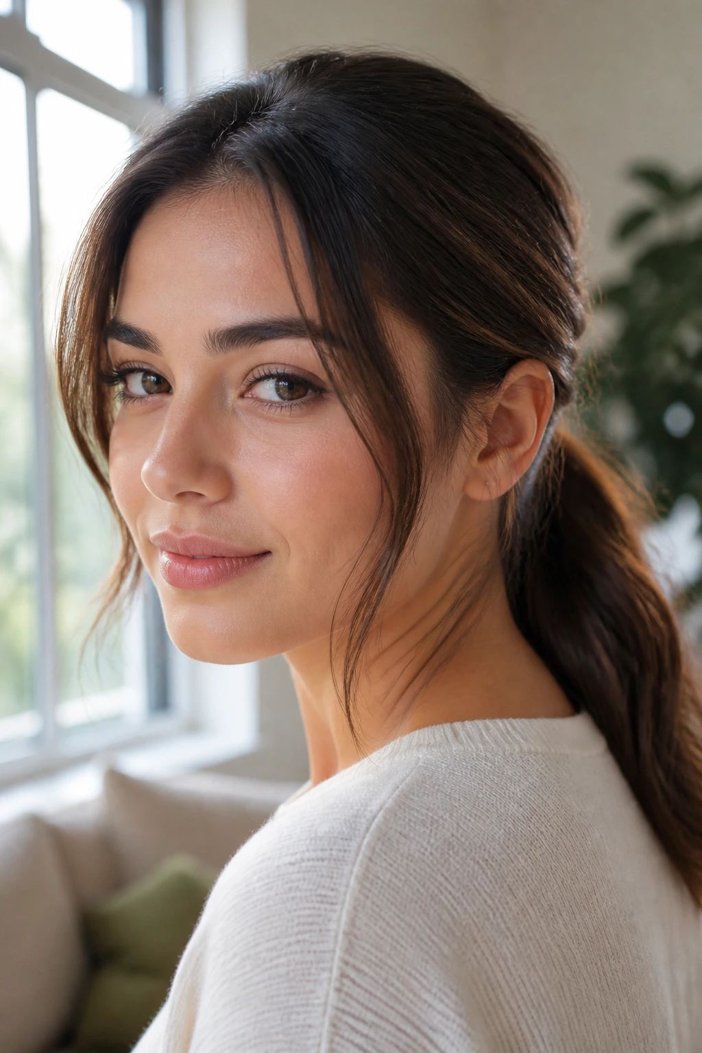 Portrait of a real woman with parted low pony and face-framing tendrils near the jawline, natural light