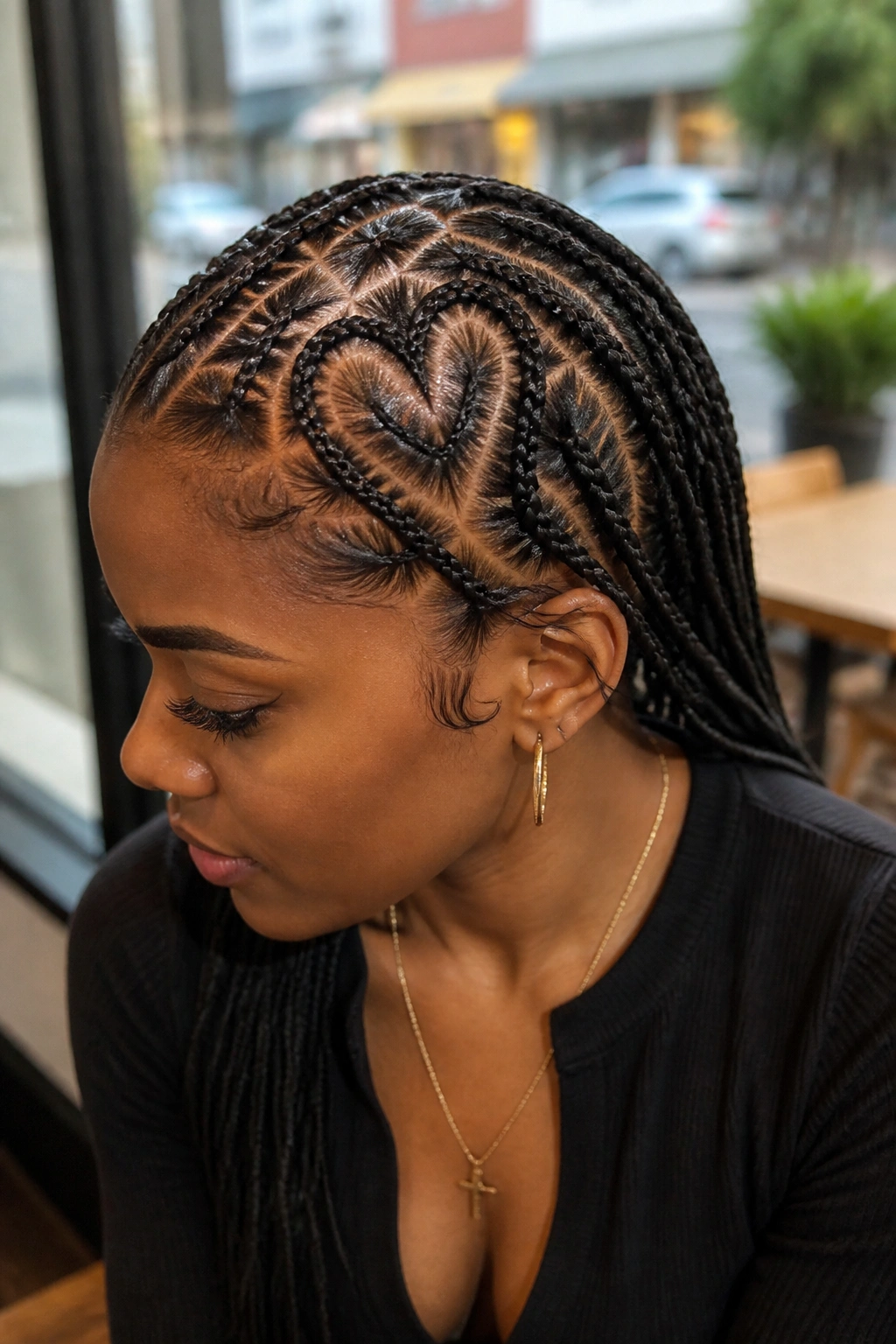 Close-up of a real woman with small braids featuring heart and geometric parting patterns