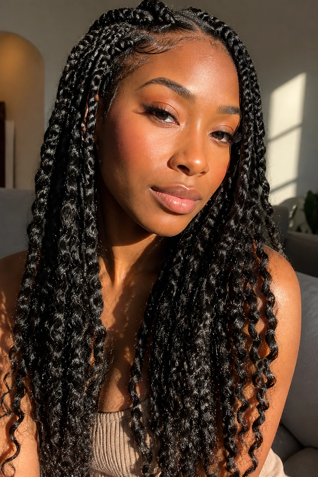 Close-up portrait of a real woman with passion twists under warm window light