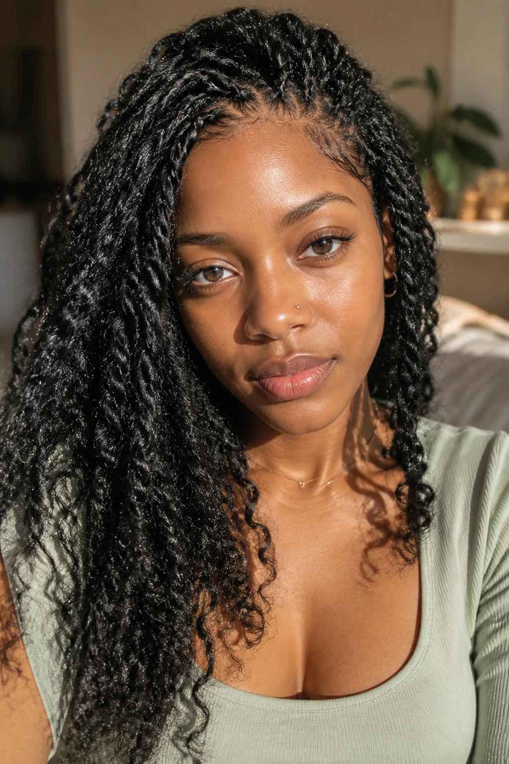 Close-up portrait of passion twists on a real woman in warm light