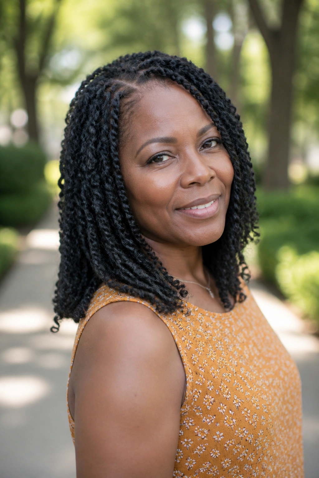 Medium-close portrait of a real woman with mid-length passion twists