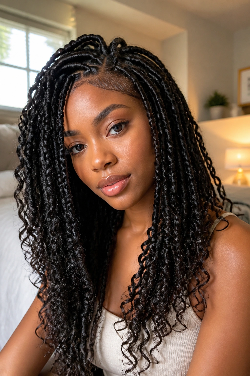 Close-up portrait of a real woman with passion twists in a cozy bedroom with natural light