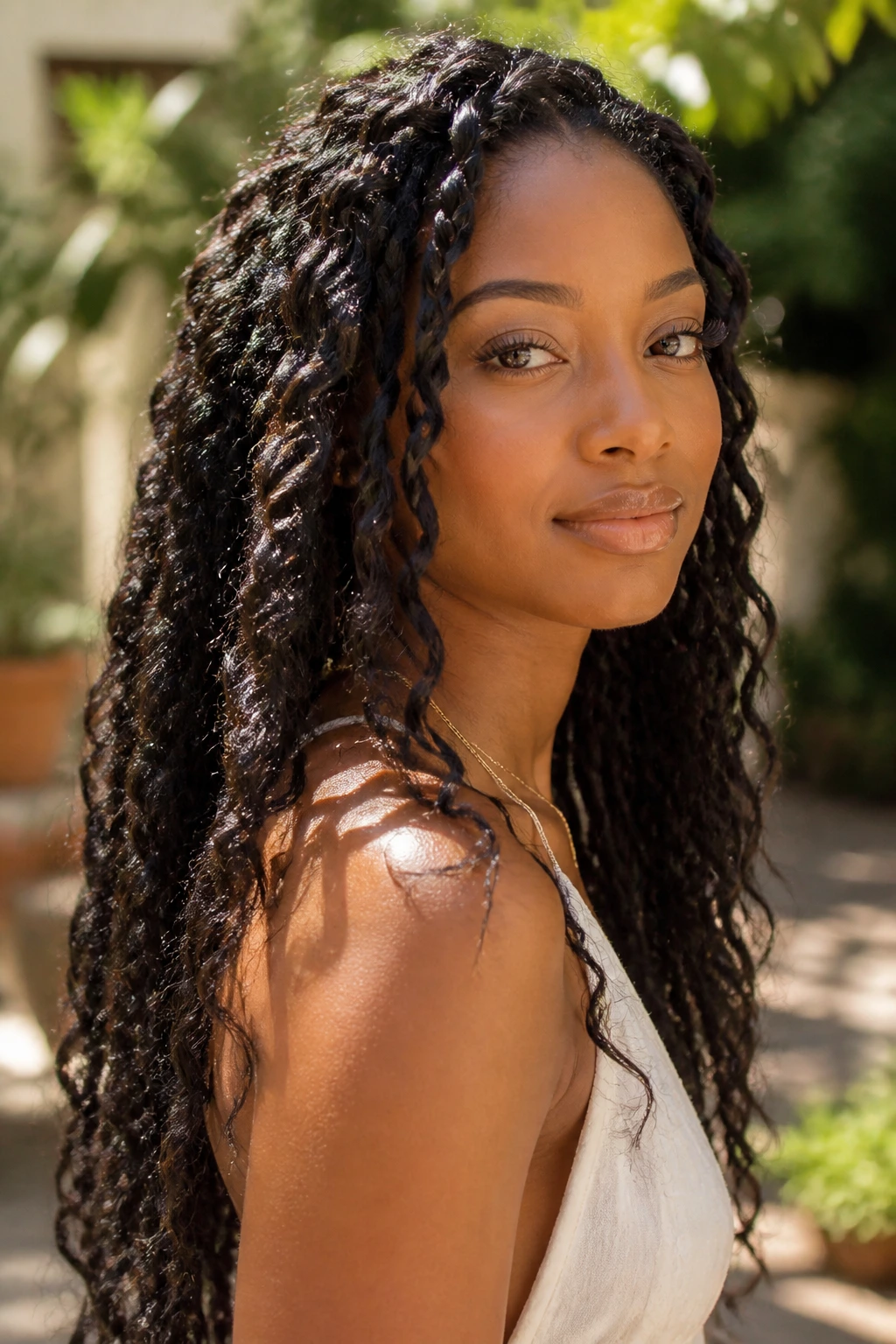 Close-up of woman with wavy passion twists in garden setting