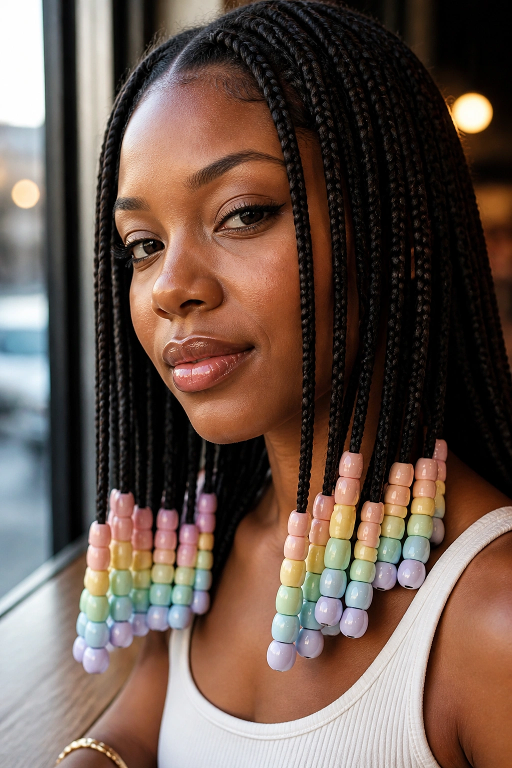 Real person with pastel-colored beads stacked on box braids