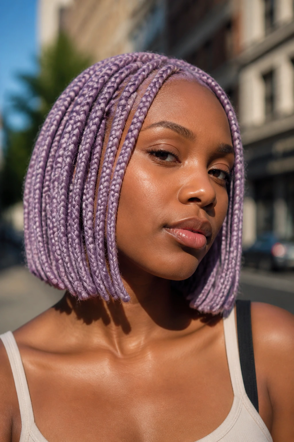 Portrait of a person with pastel lavender braided bob in outdoor setting