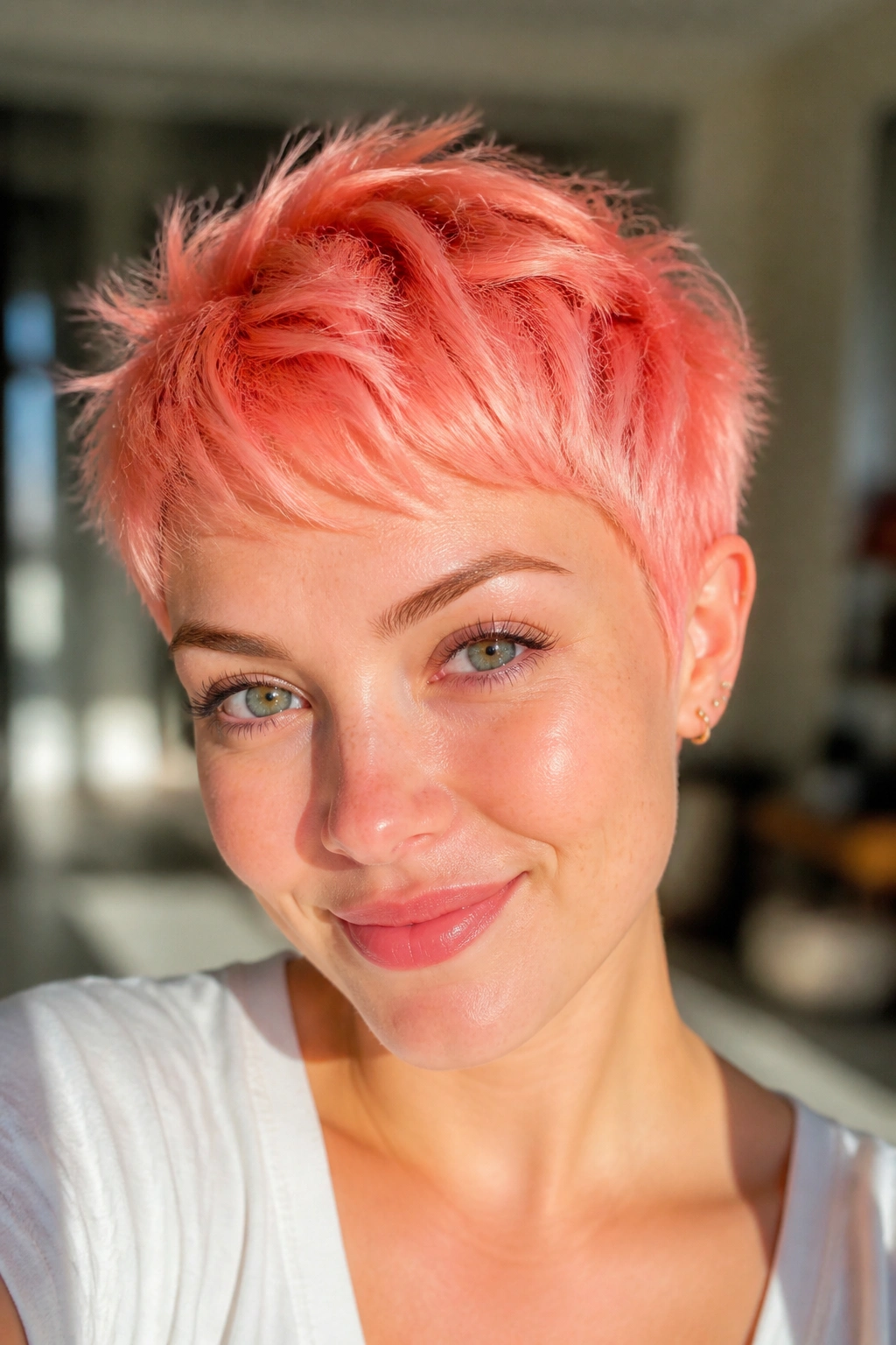 Real woman with pastel coral pixie cut in natural daylight