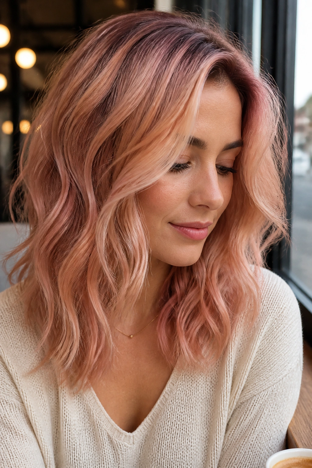 Close-up of a real woman with dusty rose blonde peach rose gold hair