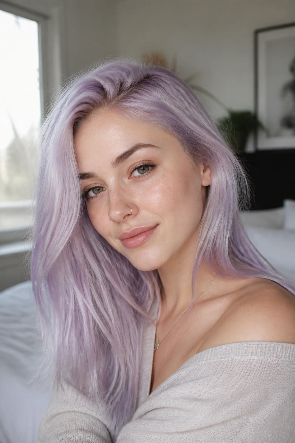Close-up portrait of a real person with pastel lavender hair in softly lit room