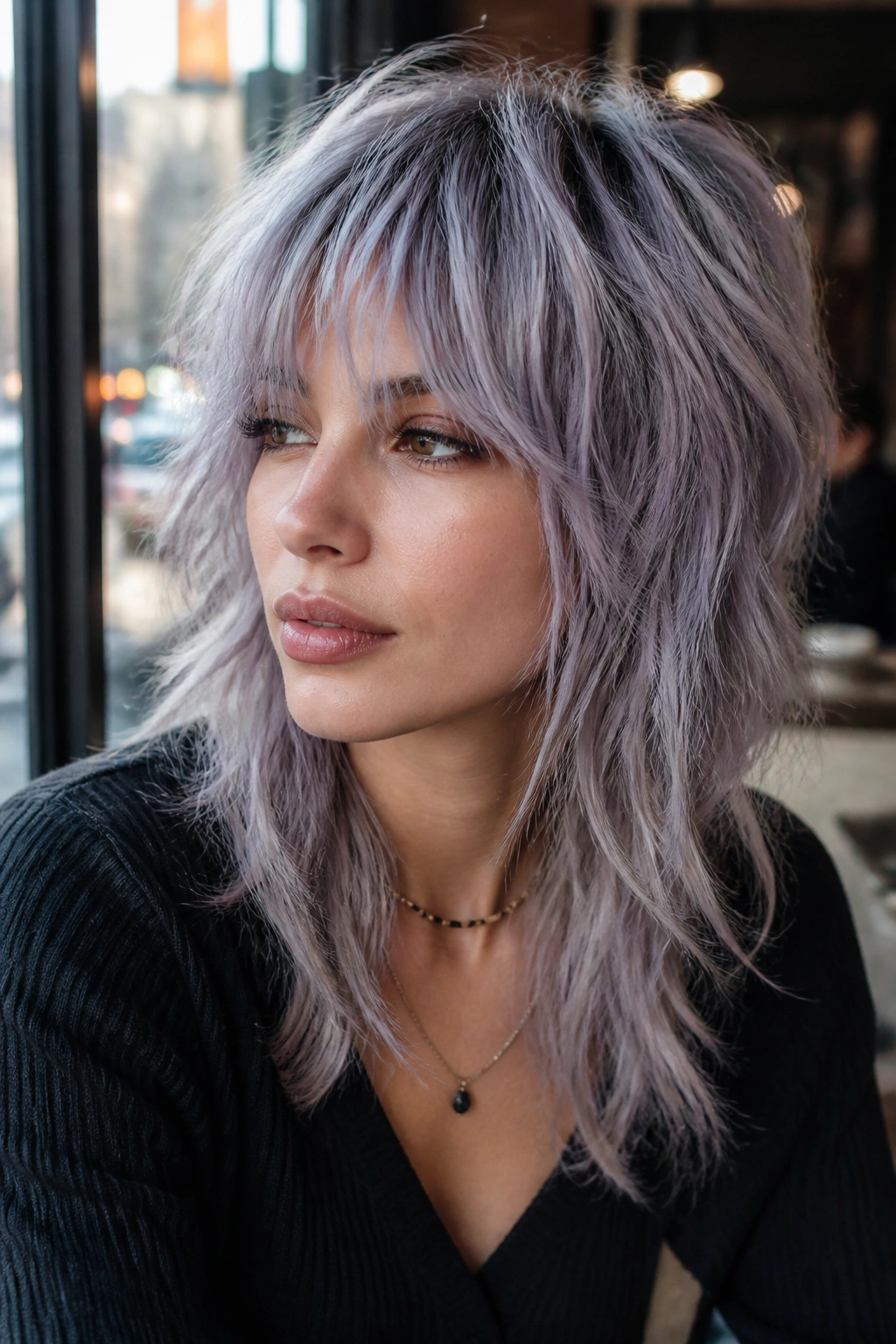 Portrait of a real woman with pastel lilac grey shag haircut.