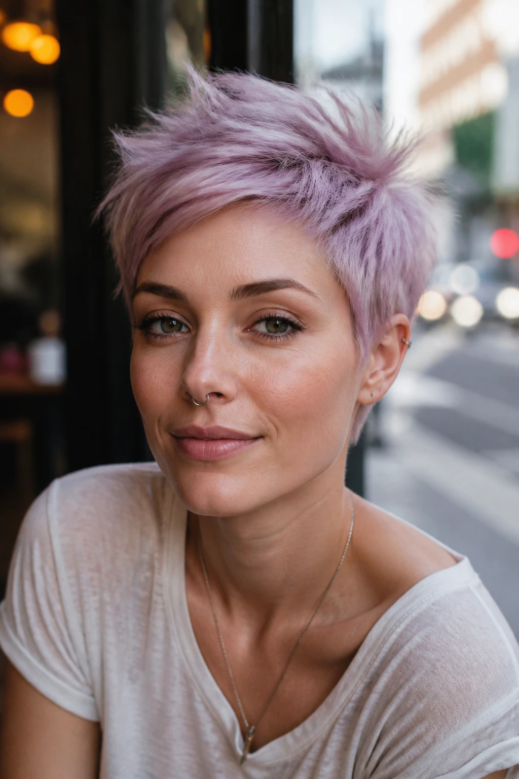 Close-up portrait of real person with pastel lavender pixie in cafe lighting