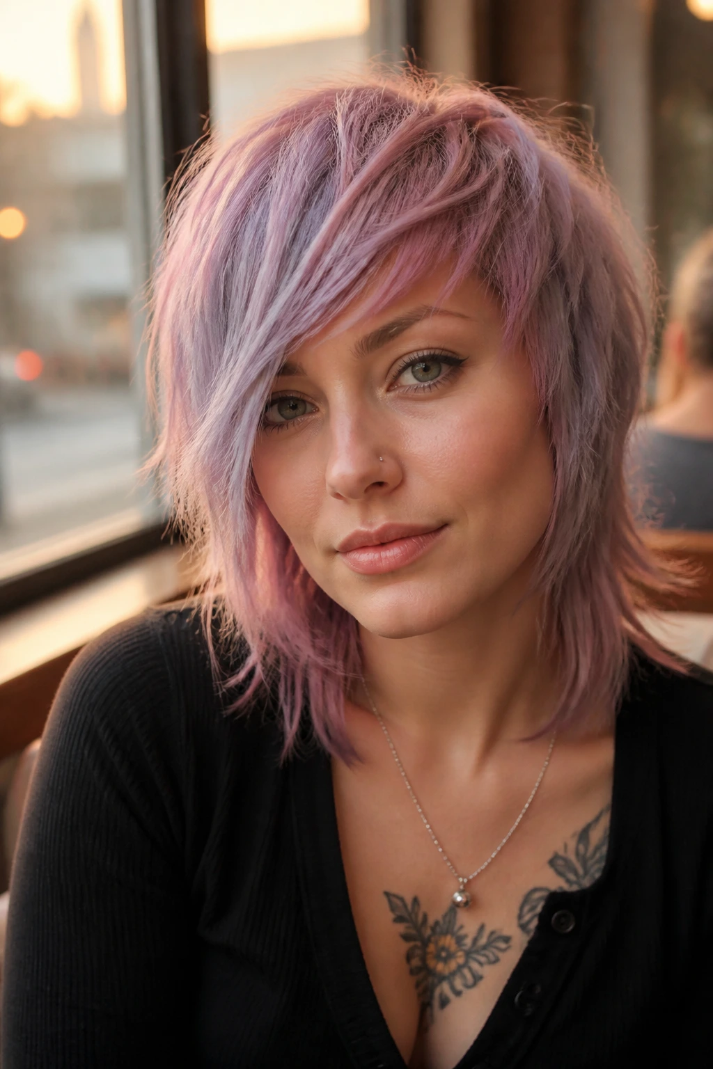 Close-up of a real person with pastel shag and asymmetrical fringe.