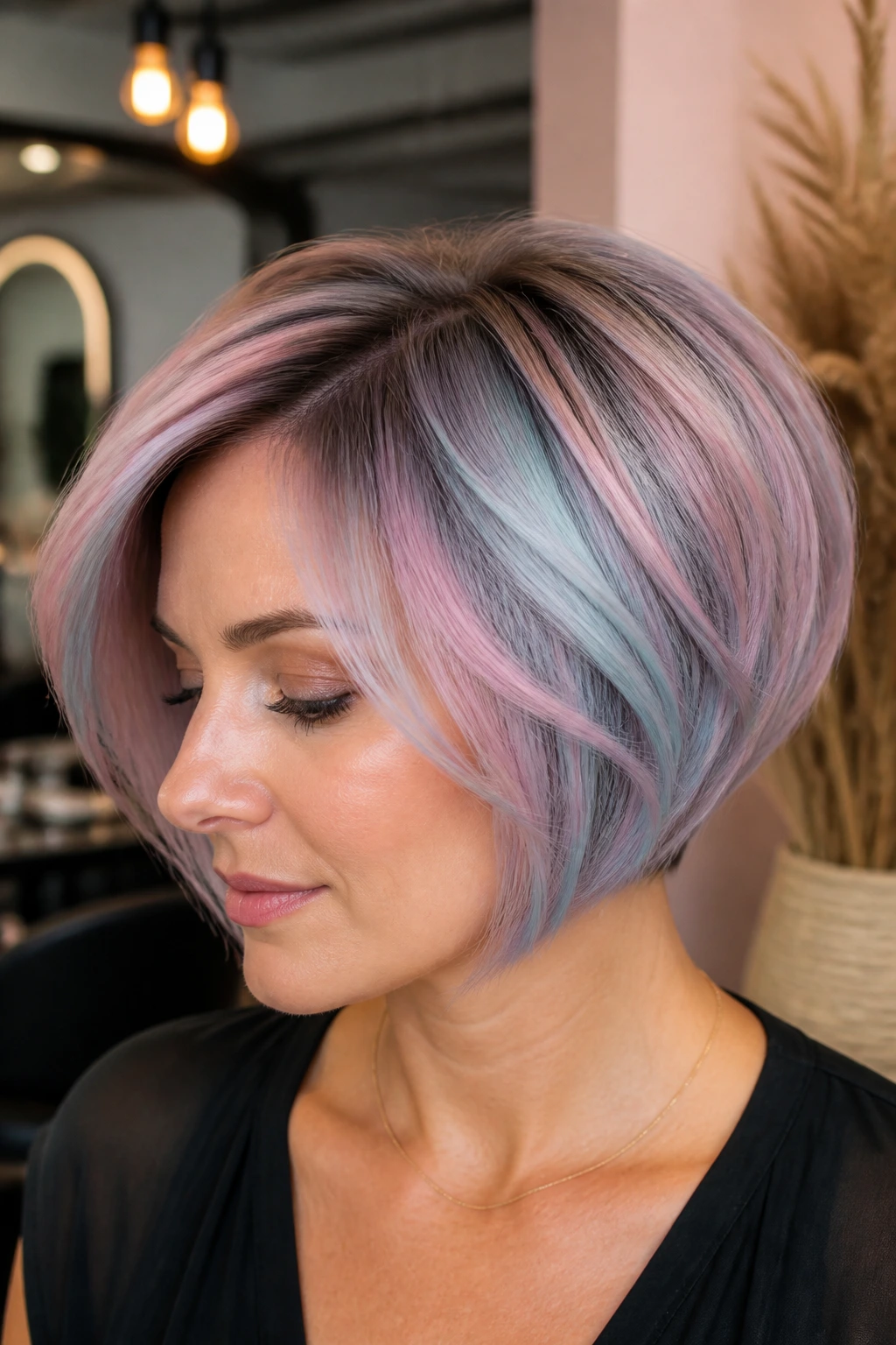 Real person with pastel stacked bob and root smudge in salon