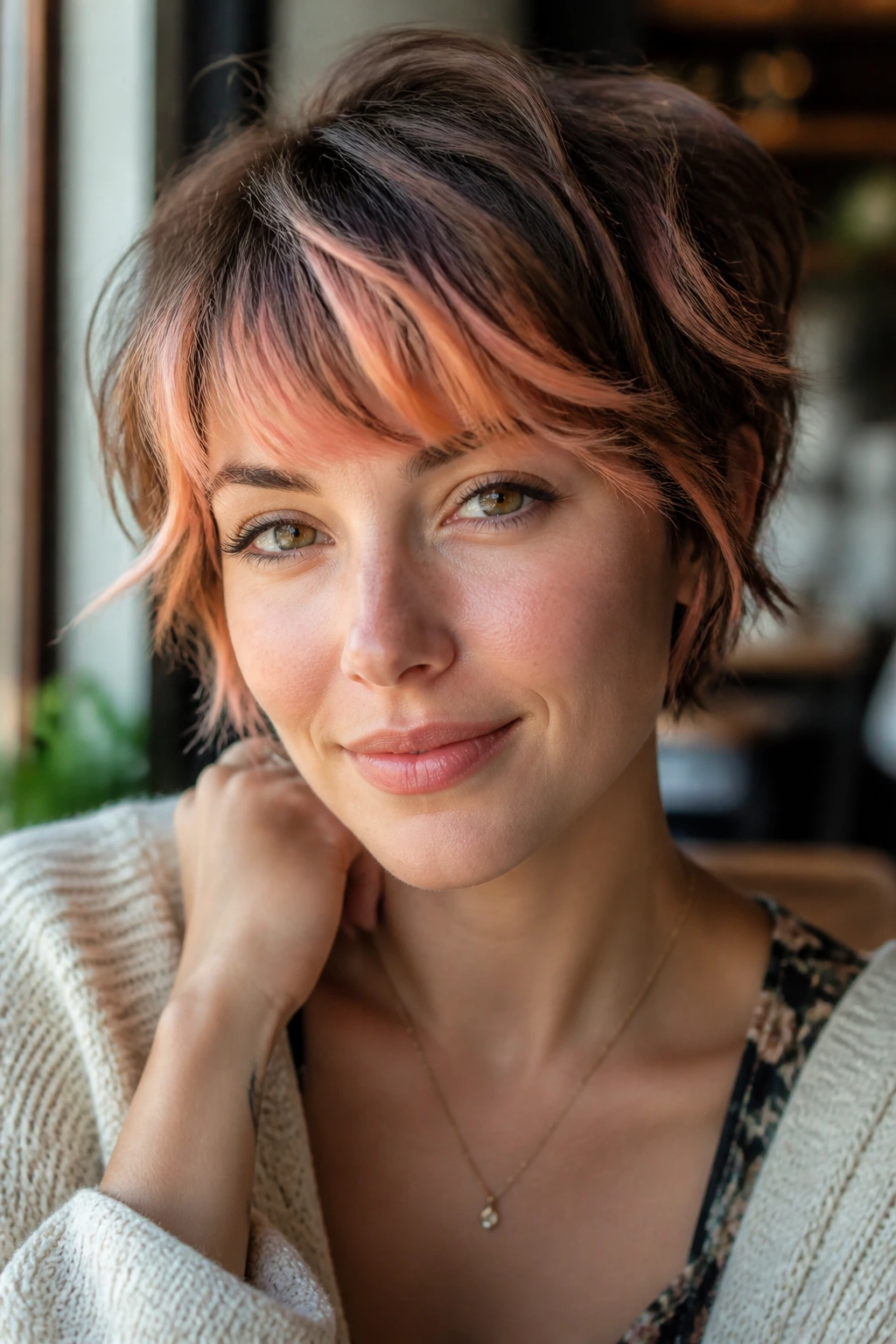 Real person with short hair featuring soft peach accents