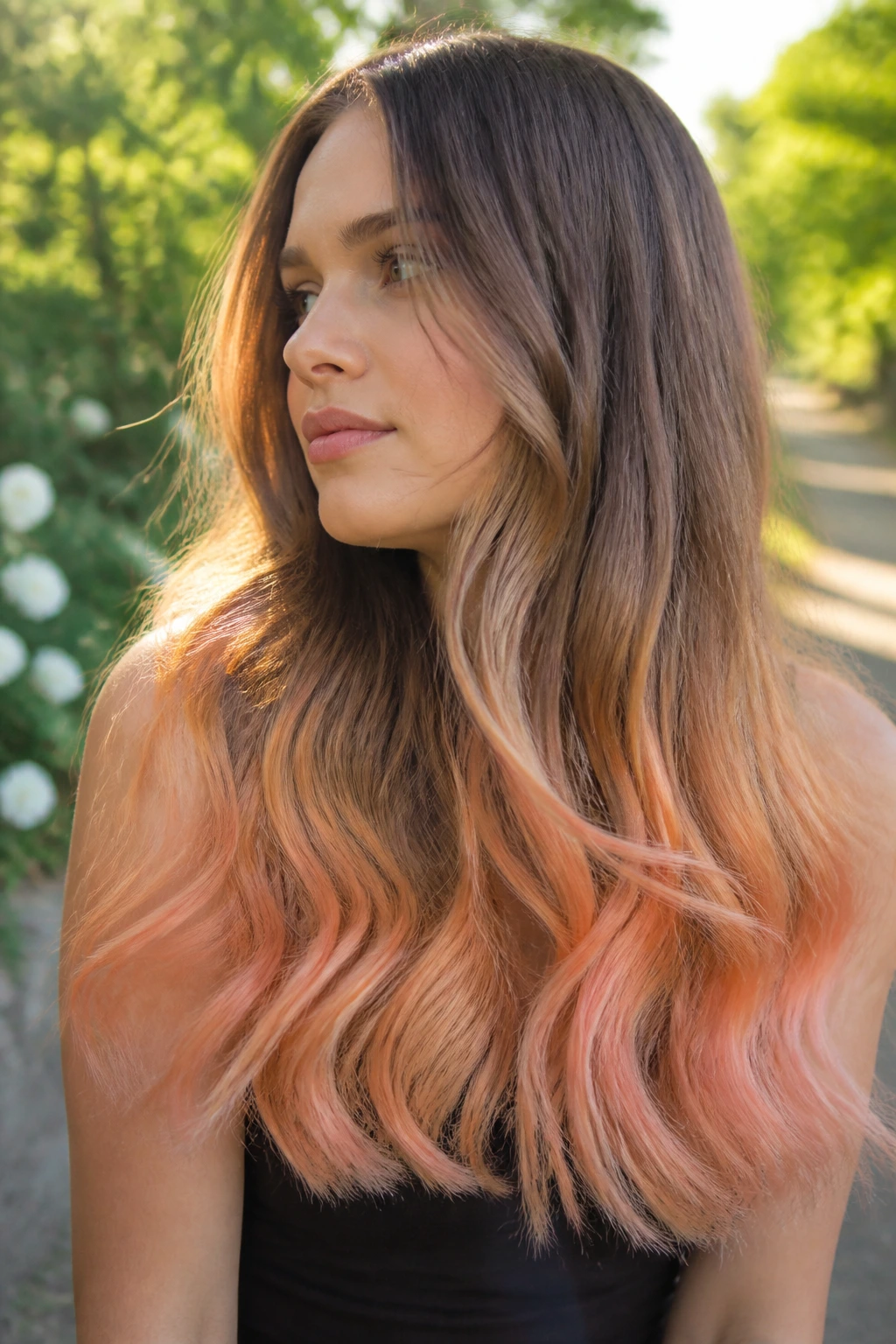 Close-up of a real woman with long hair ending in peach apricot pastel tones