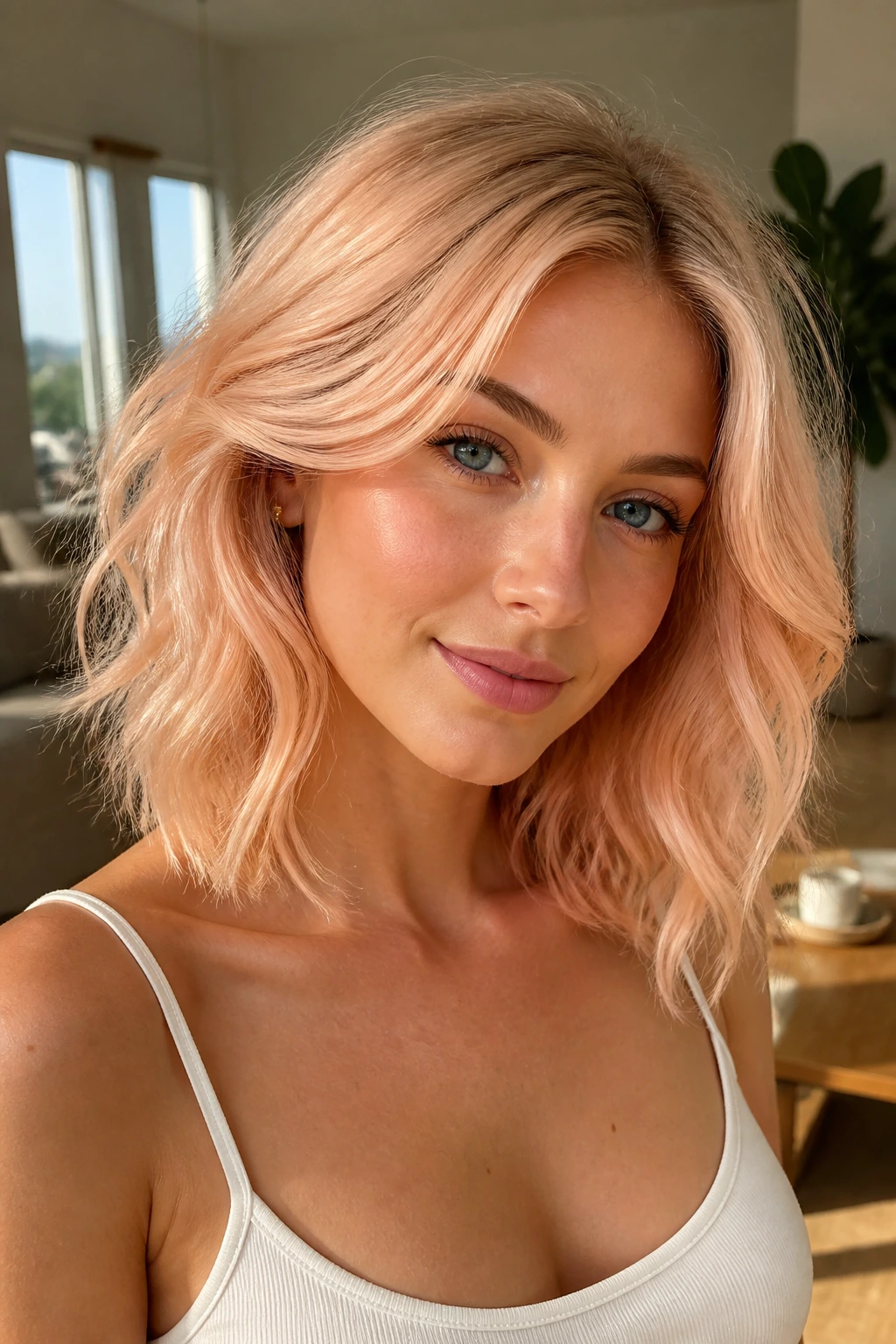 Close-up portrait of a real woman with peach-blonde glaze.