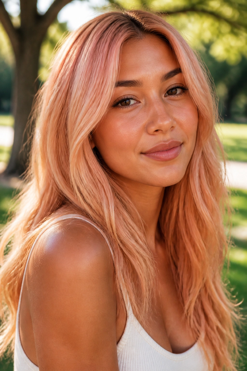 Close-up portrait of a real woman with peach blonde hair on tan skin