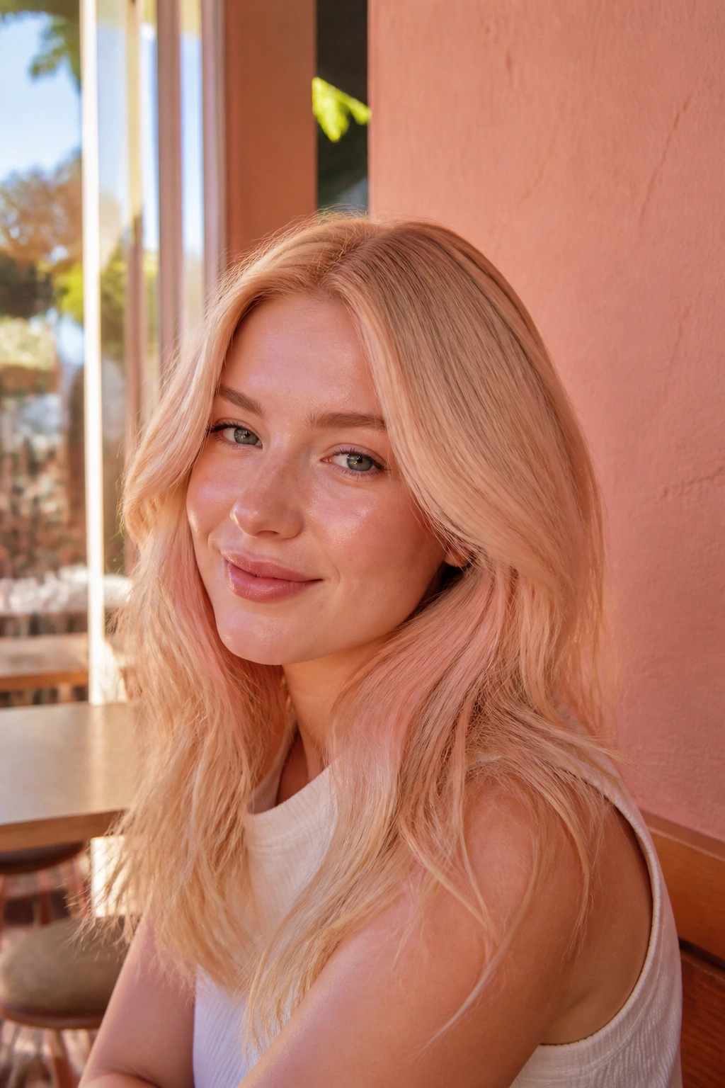 Close-up portrait of a real woman with peach-blonde hair and soft warm tint