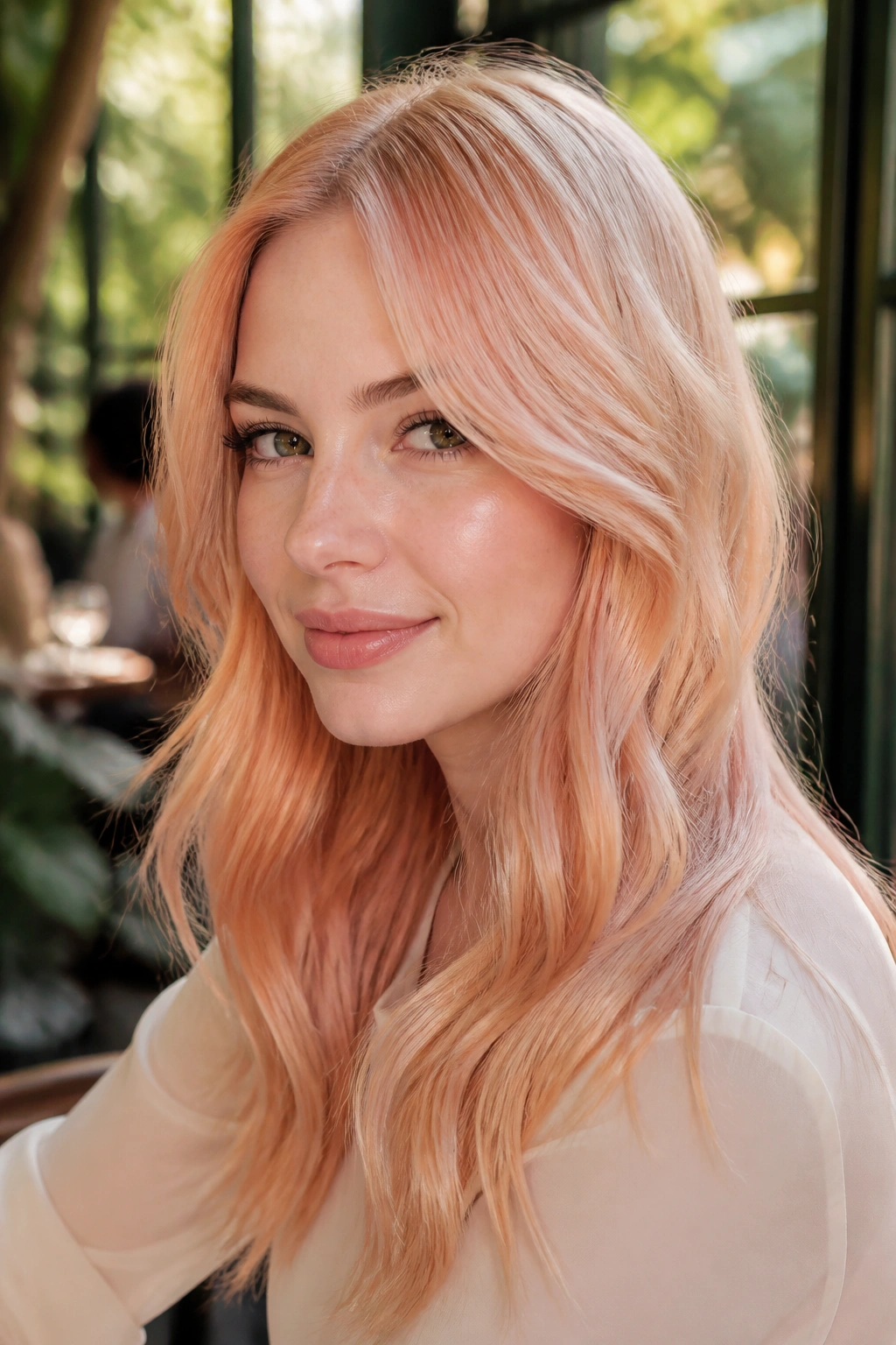 Close-up portrait of a real woman with peach blonde hair and blush-gold tones