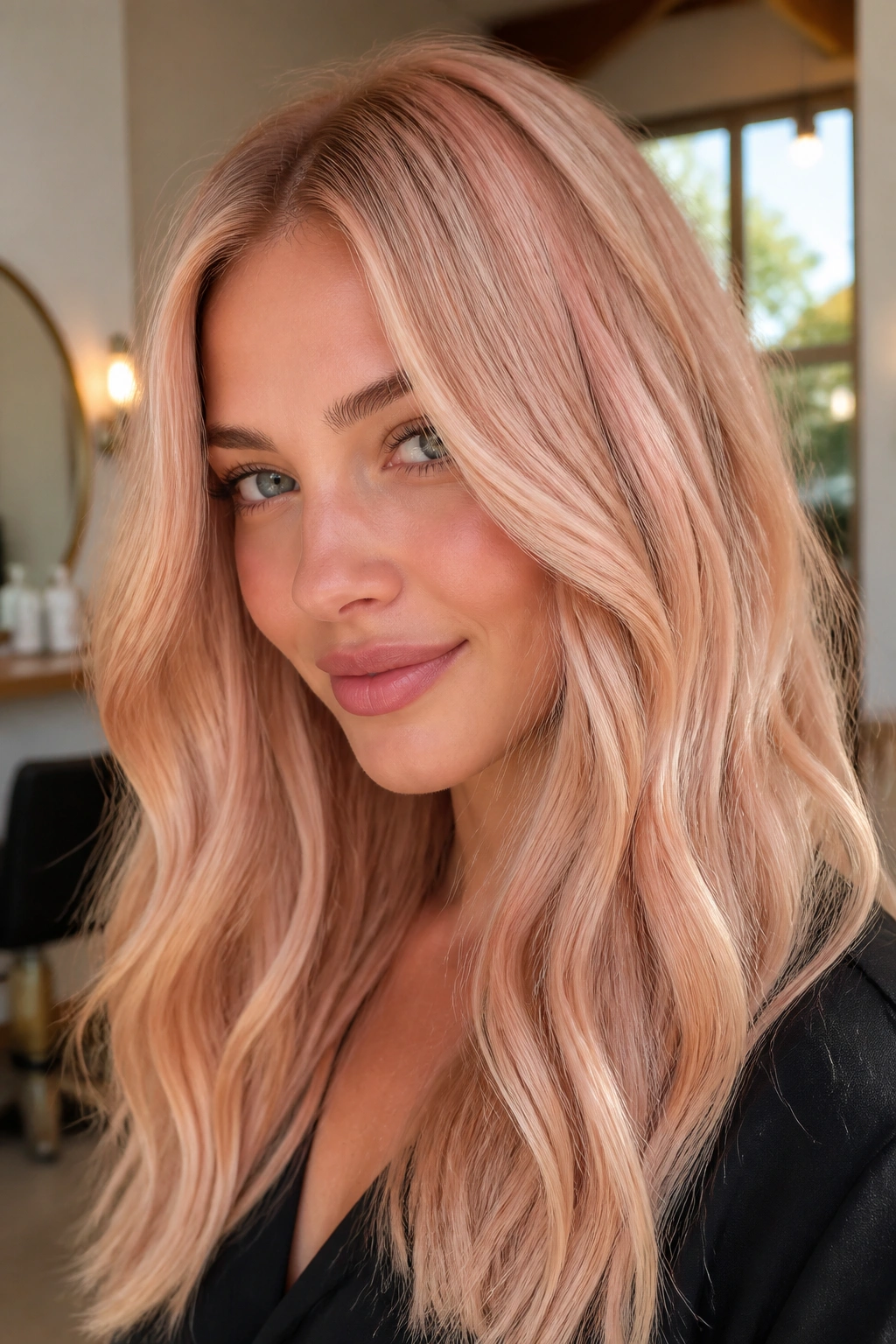 Close-up of real woman with peach champagne blonde and a soft rosy glow