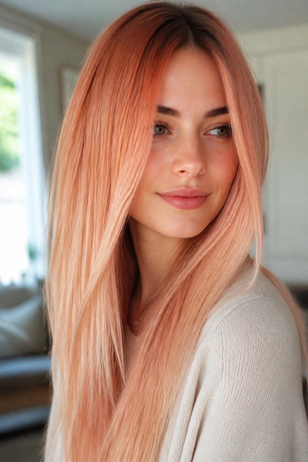 Close-up portrait of peach champagne fade on straight hair