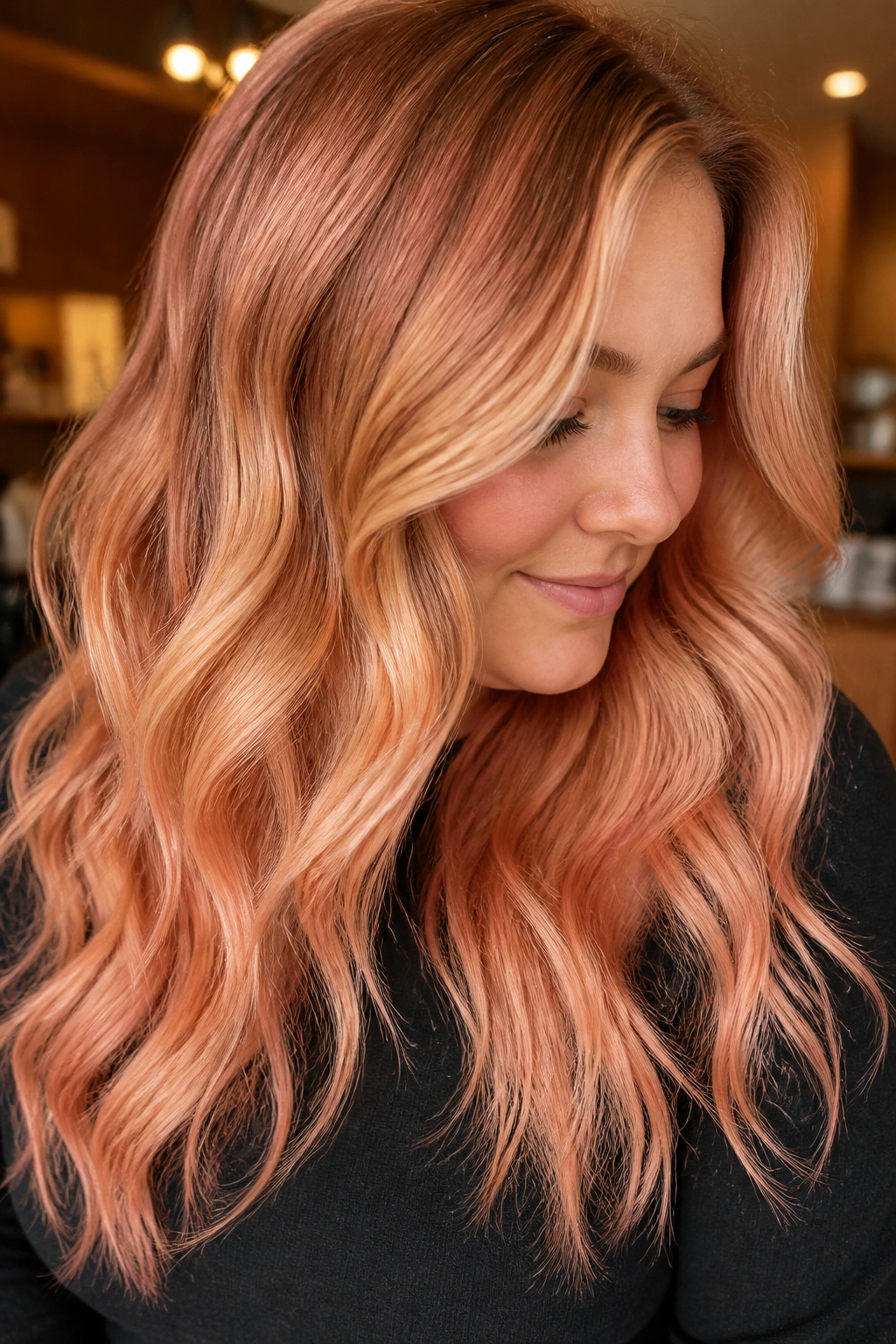 Close-up of a real woman with peach champagne melt in wavy hair