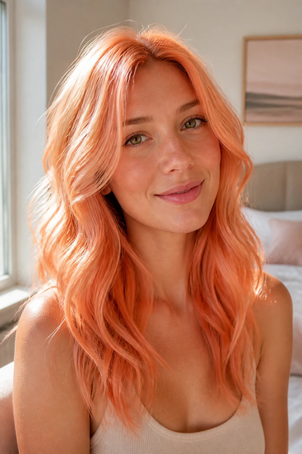 Close-up of a real woman with peach copper hair glowing in sunlight