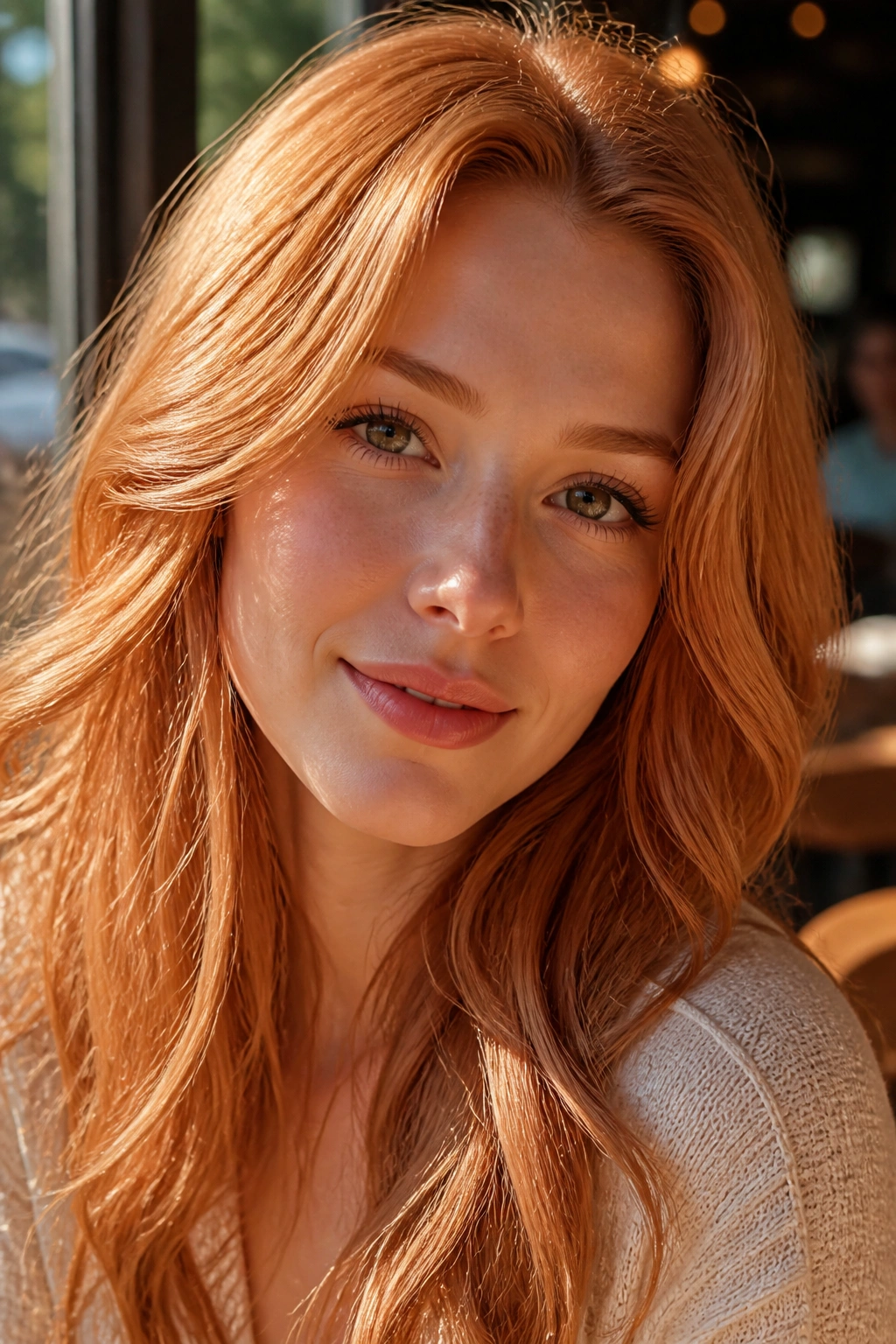 Close-up portrait of a real person with peach copper hair in a sunlit cafe setting