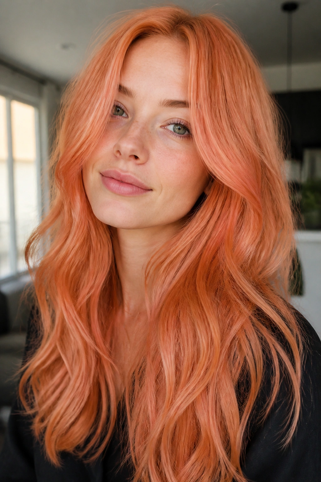 Close-up portrait of a real woman with peach copper hair under soft daylight