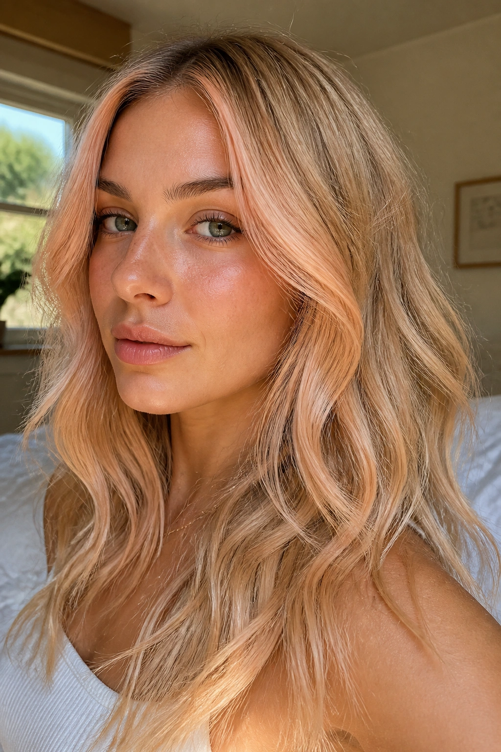 Close-up of peachy glaze on warm blonde hair near temples in natural window light