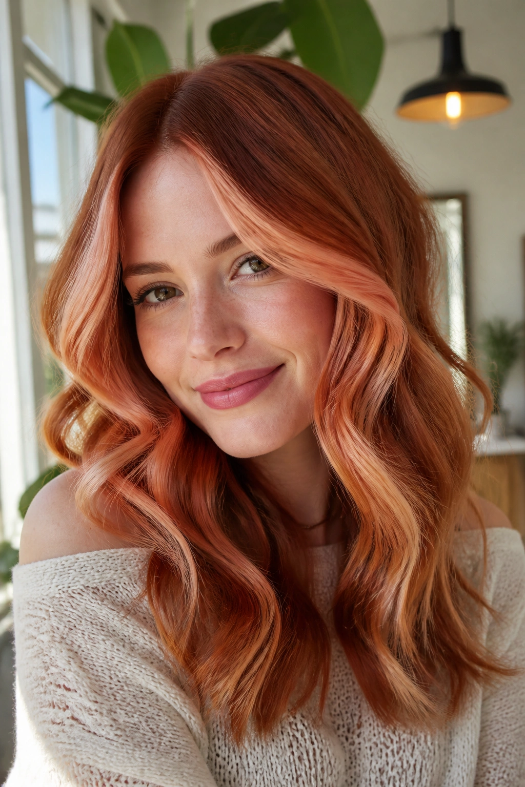 Close-up portrait of a real woman with copper hair featuring peach highlights around the face