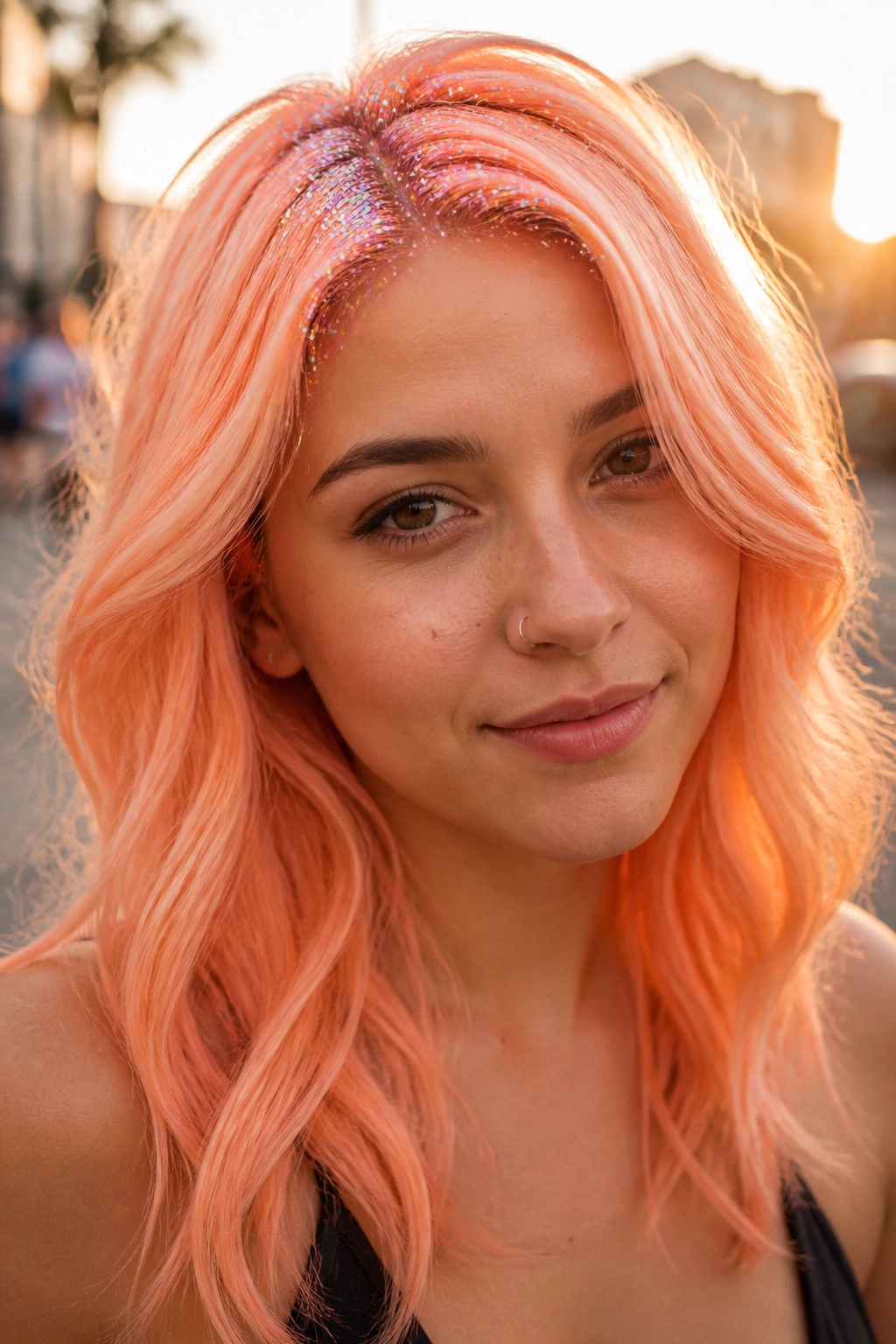 Close-up portrait of a real person with peach neon hair and glitter roots