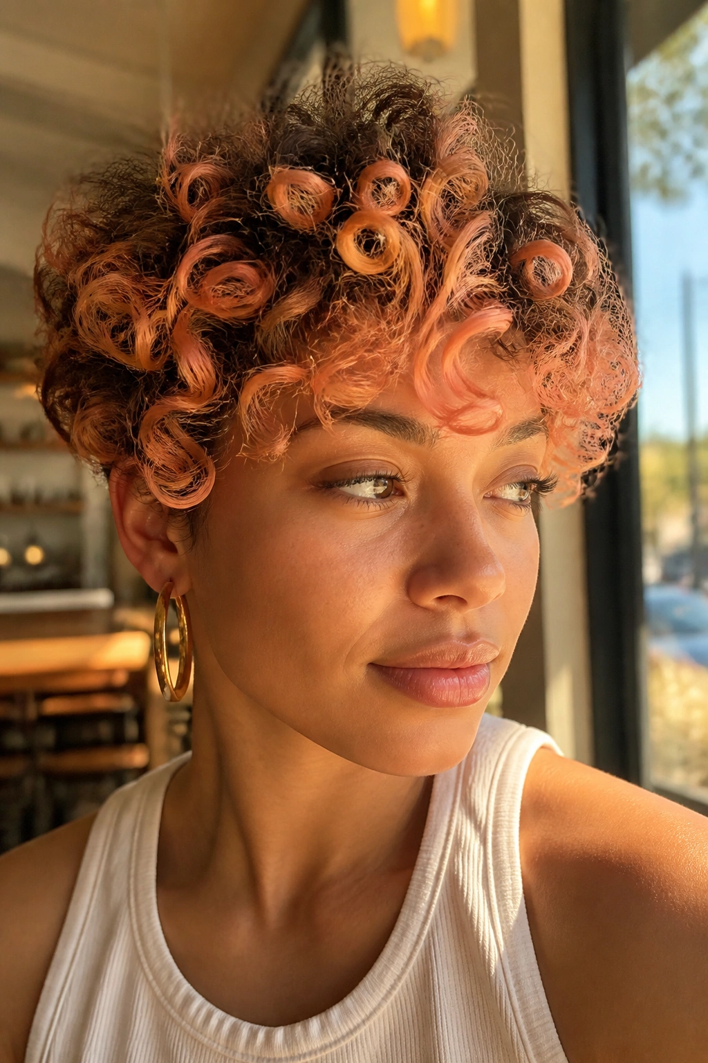 Close-up of a real person with creamsicle peach ombre on cropped curls in sunlit setting.