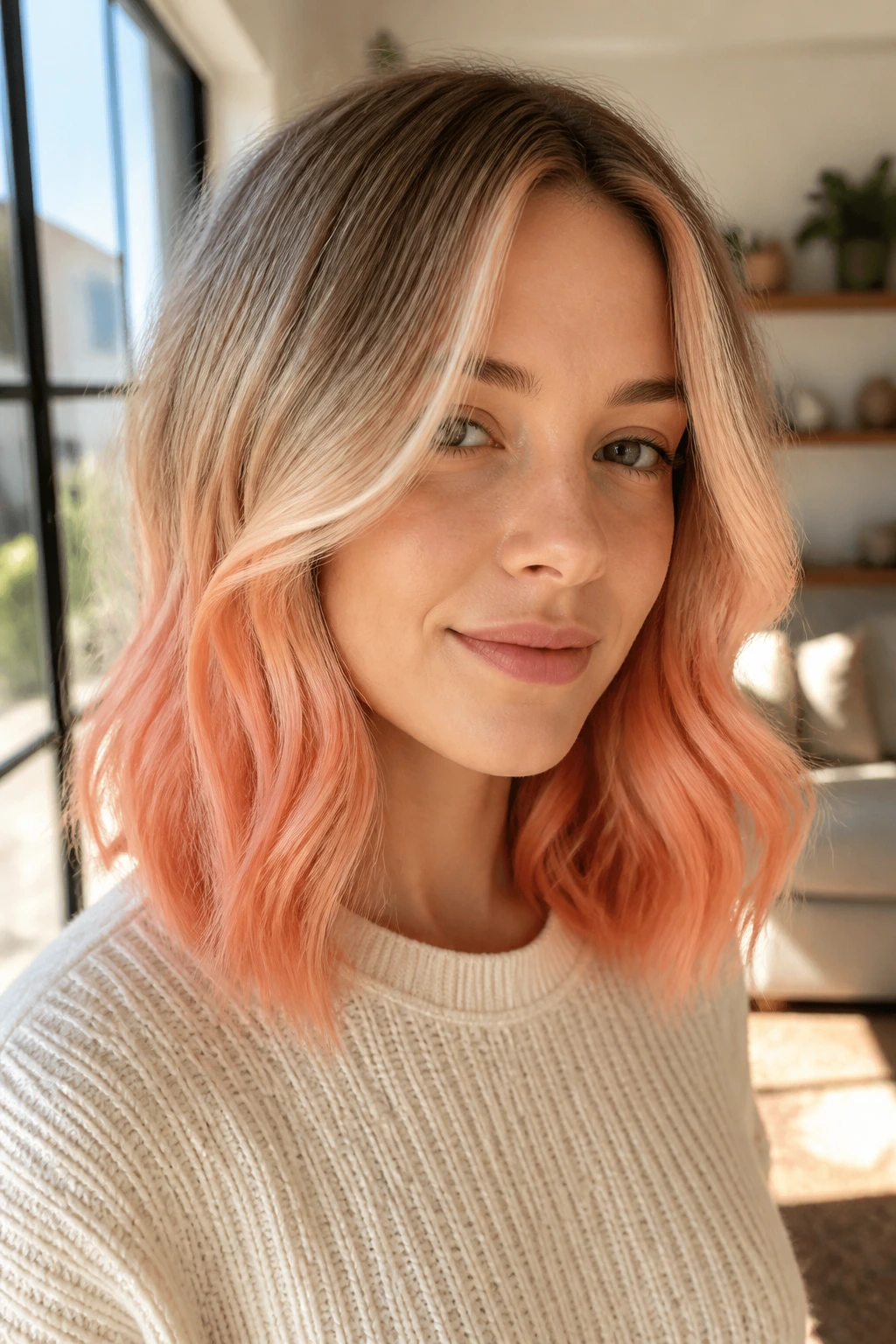 Close-up portrait of a real woman with soft peach ombre hair by a sunlit window