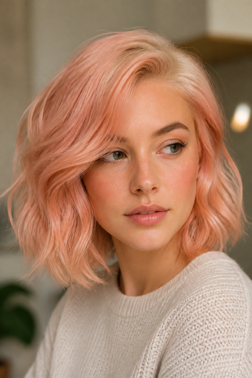 Real person wearing peach pastel over a bleached base hair color.