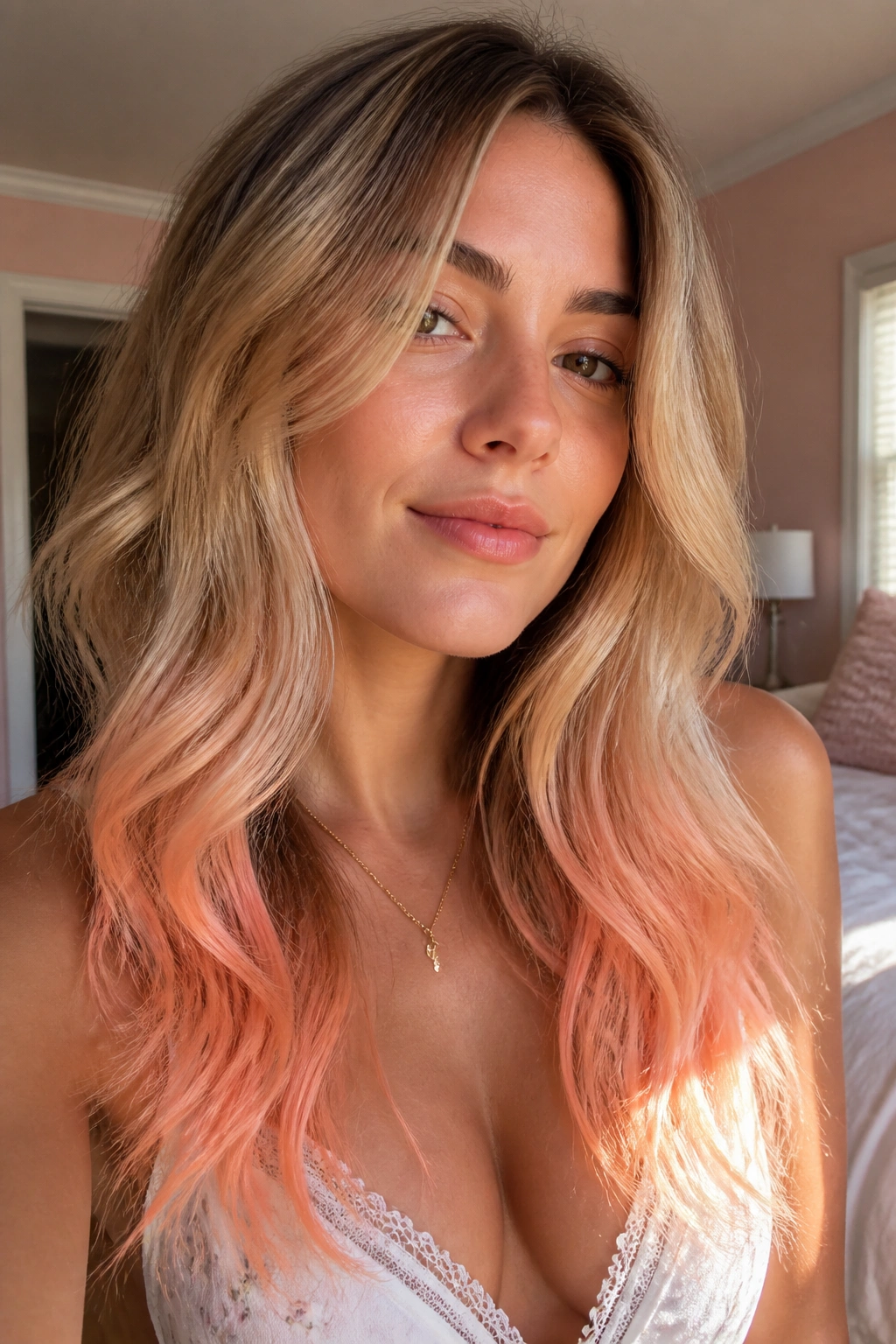 Close-up of long hair with peach pastel ends.