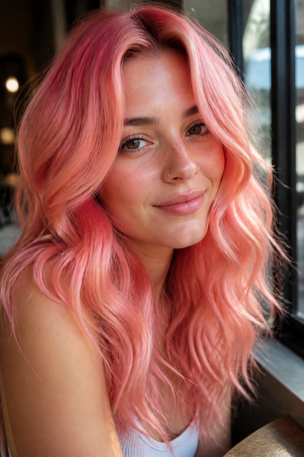 Close-up of a real woman with Peach Sorbet Coral Waves hair under sunlit window light