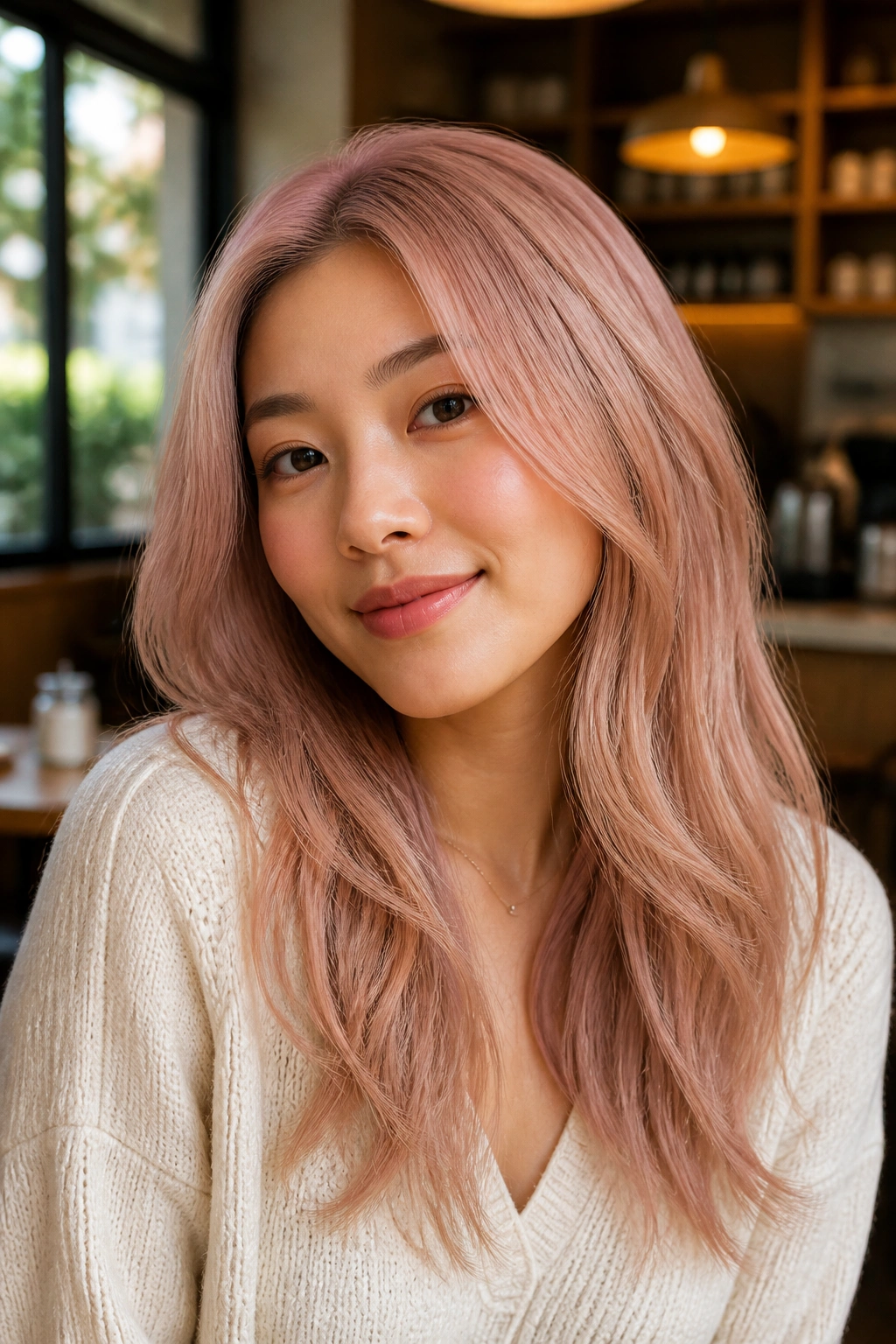 Close-up portrait of a real woman with peachy beige pink hair