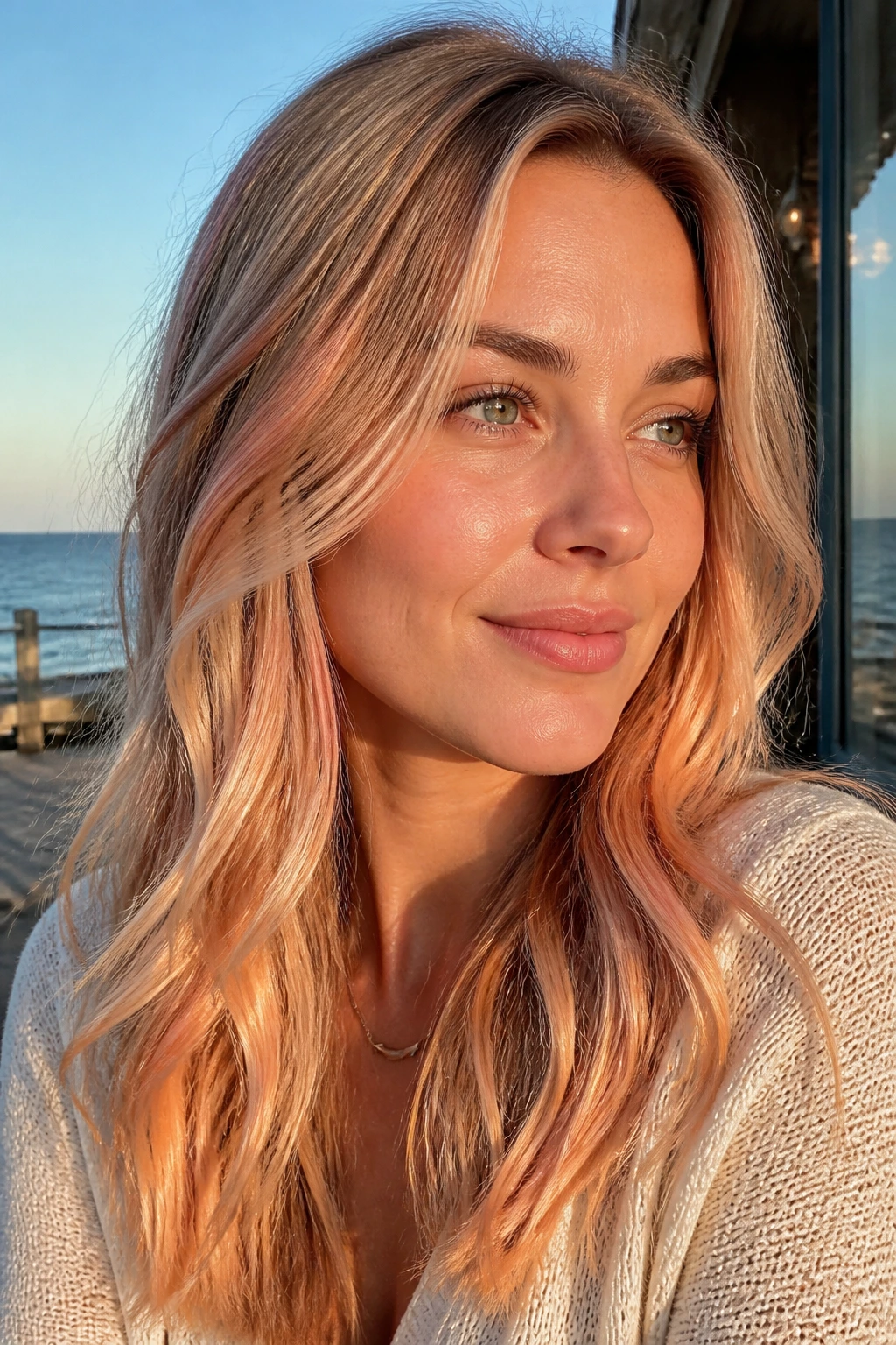 Close-up portrait with peachy blonde babylights in golden hour light