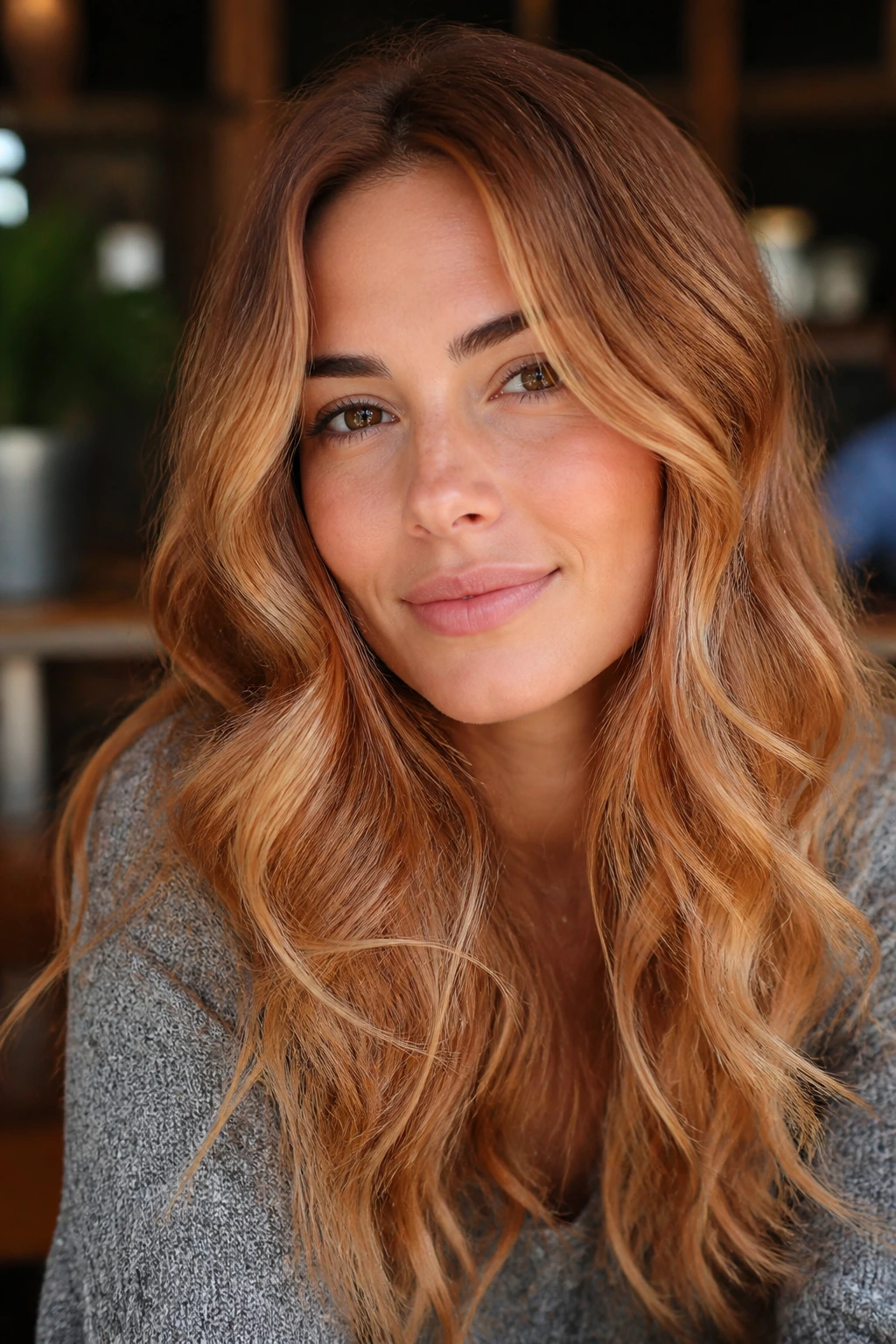 Close-up of a woman with peachy bronze wavy hair.