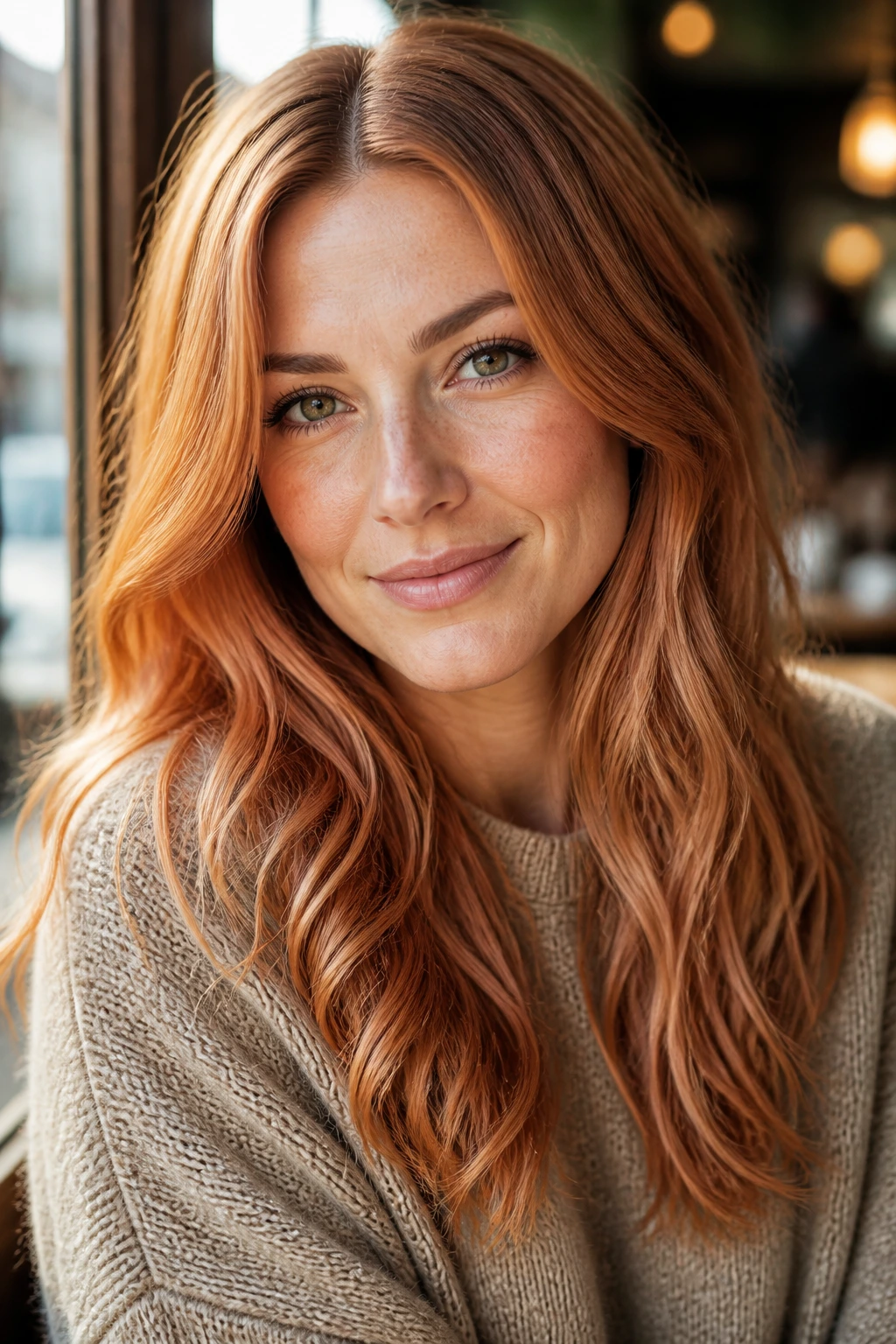 Real woman with peachy copper hair in a warm cafe setting.