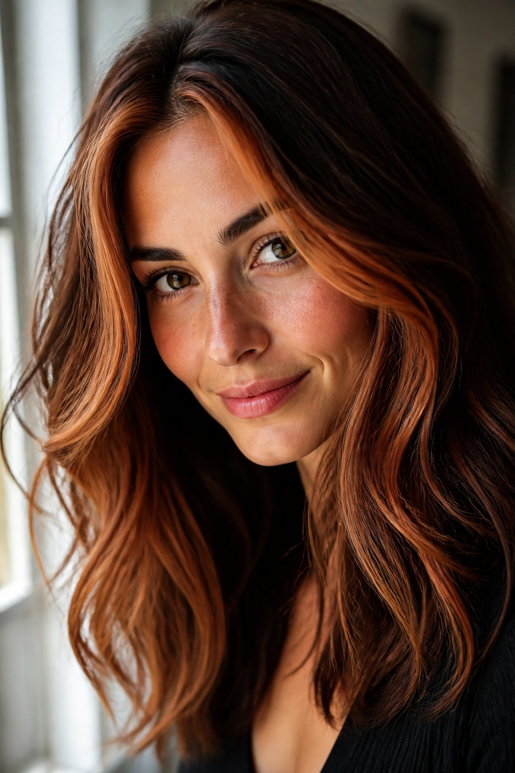 Face-framing peachy copper highlights near the hairline