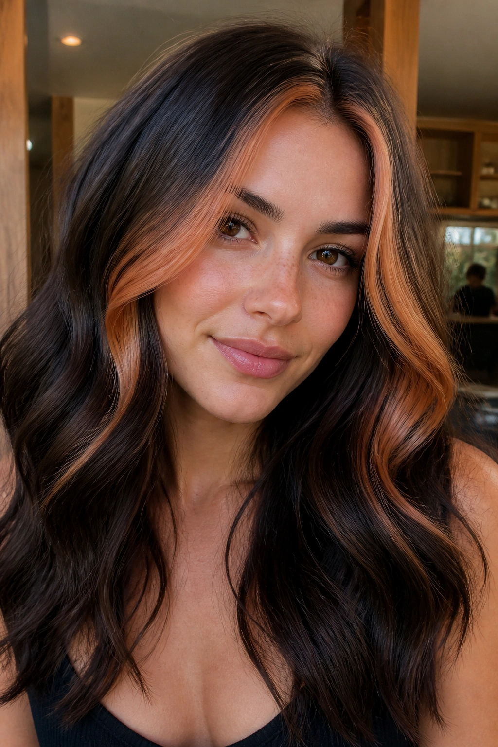 Close-up portrait of a real person with a peachy copper money piece on brunette hair