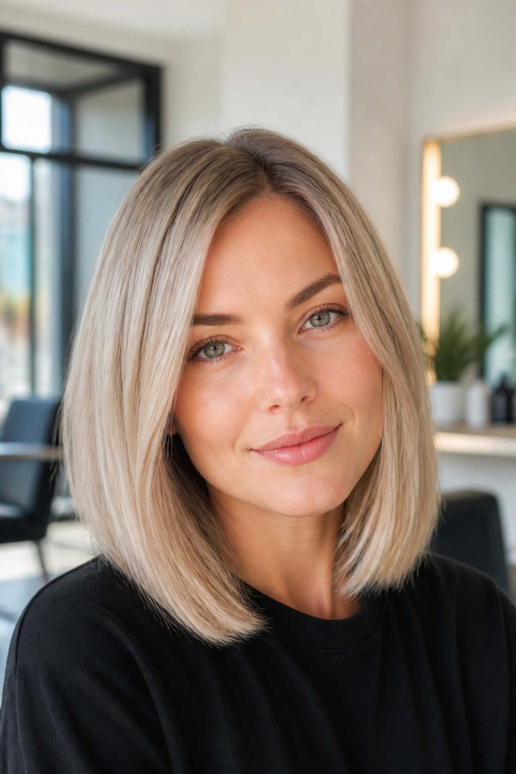 Portrait of a woman with polished lob in pearl ash blonde with soft luminous tone