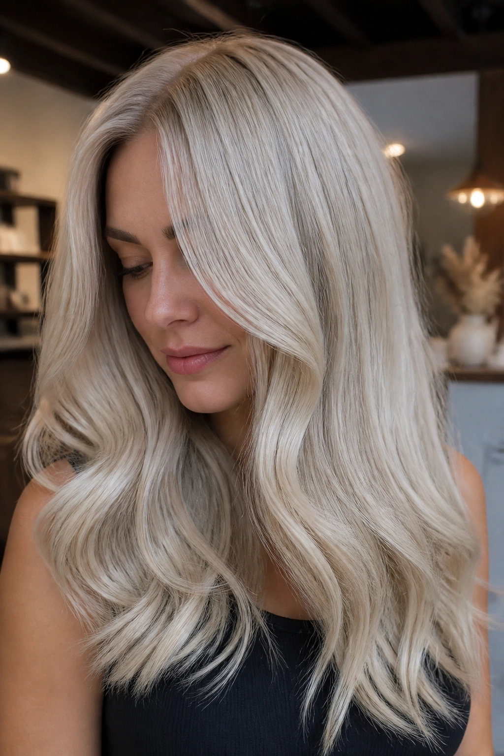 Close-up portrait of a real woman with pearl ash blonde hair and milky softness