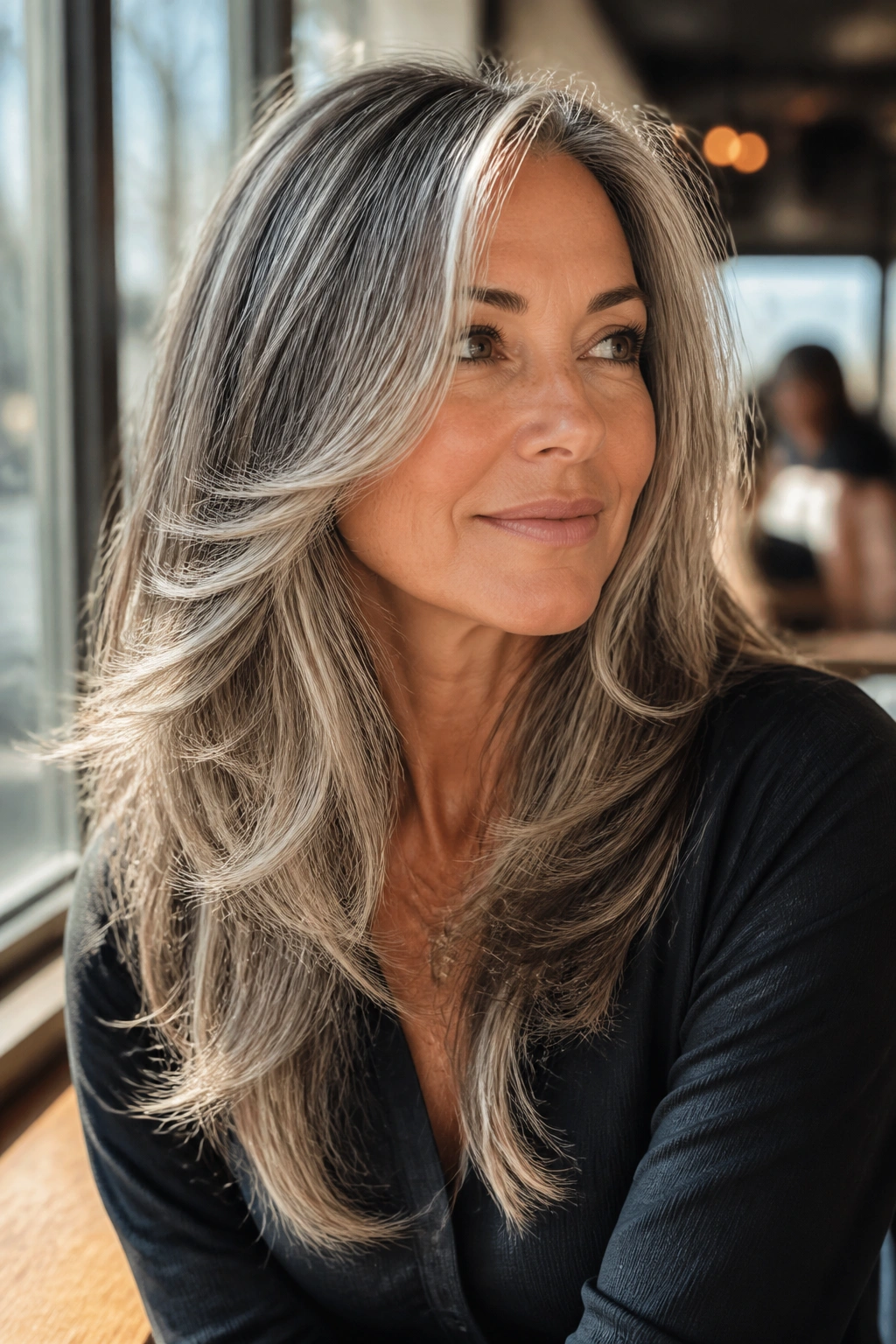 Close-up of feathered layers with pearl balayage on salt-and-pepper hair of a real person