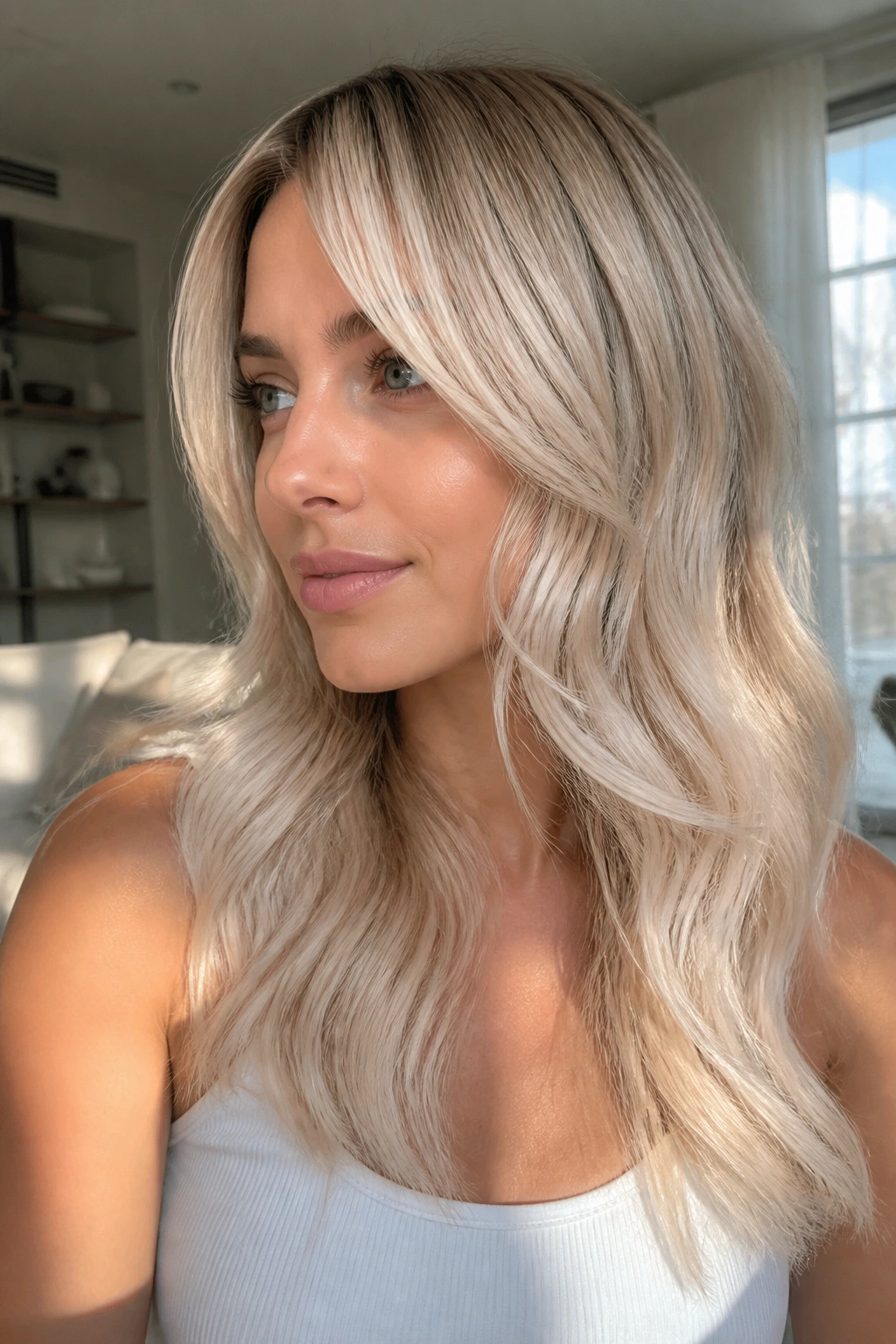 Close-up portrait with pearl-beige gloss blonde hair