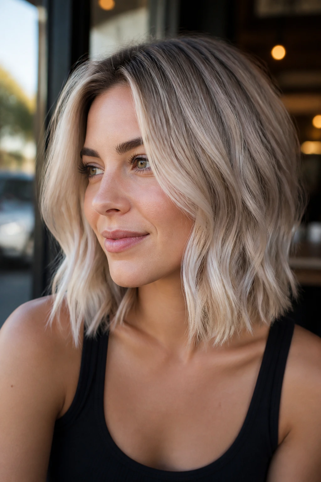Close-up of a woman with pearl blonde balayage on collarbone-length bob