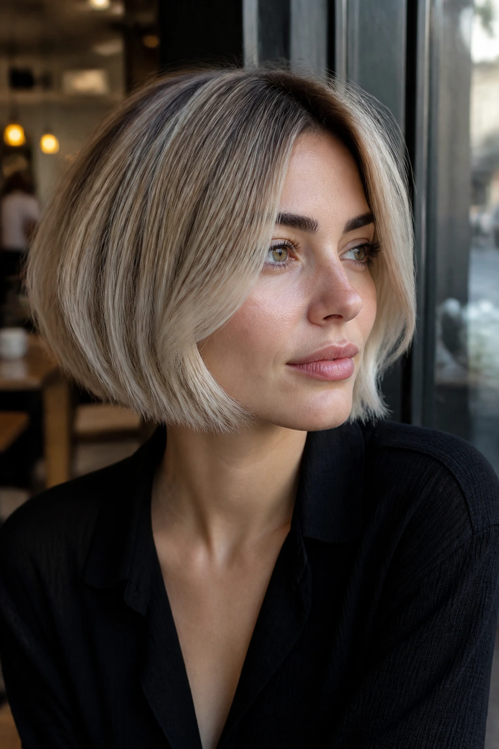 Real woman with pearl blonde balayage on a French Bob in natural light.